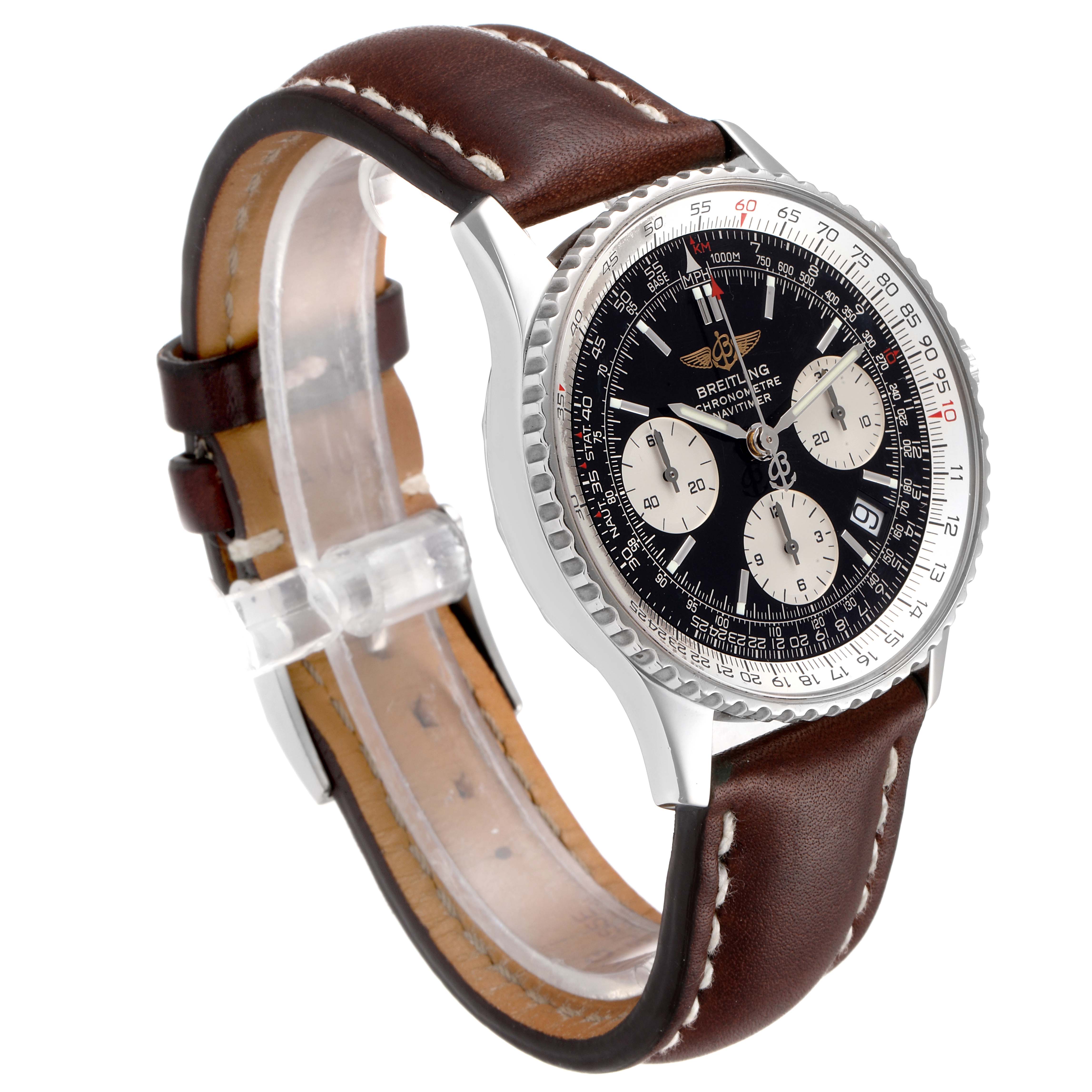 This Breitling Navitimer A23322 Men
s Stainless Steel Black Dial A23322 Men
s Stainless Steel Black Dial watch is shown at an angled view, highlighting its black dial, stainless steel case, and brown leather strap.