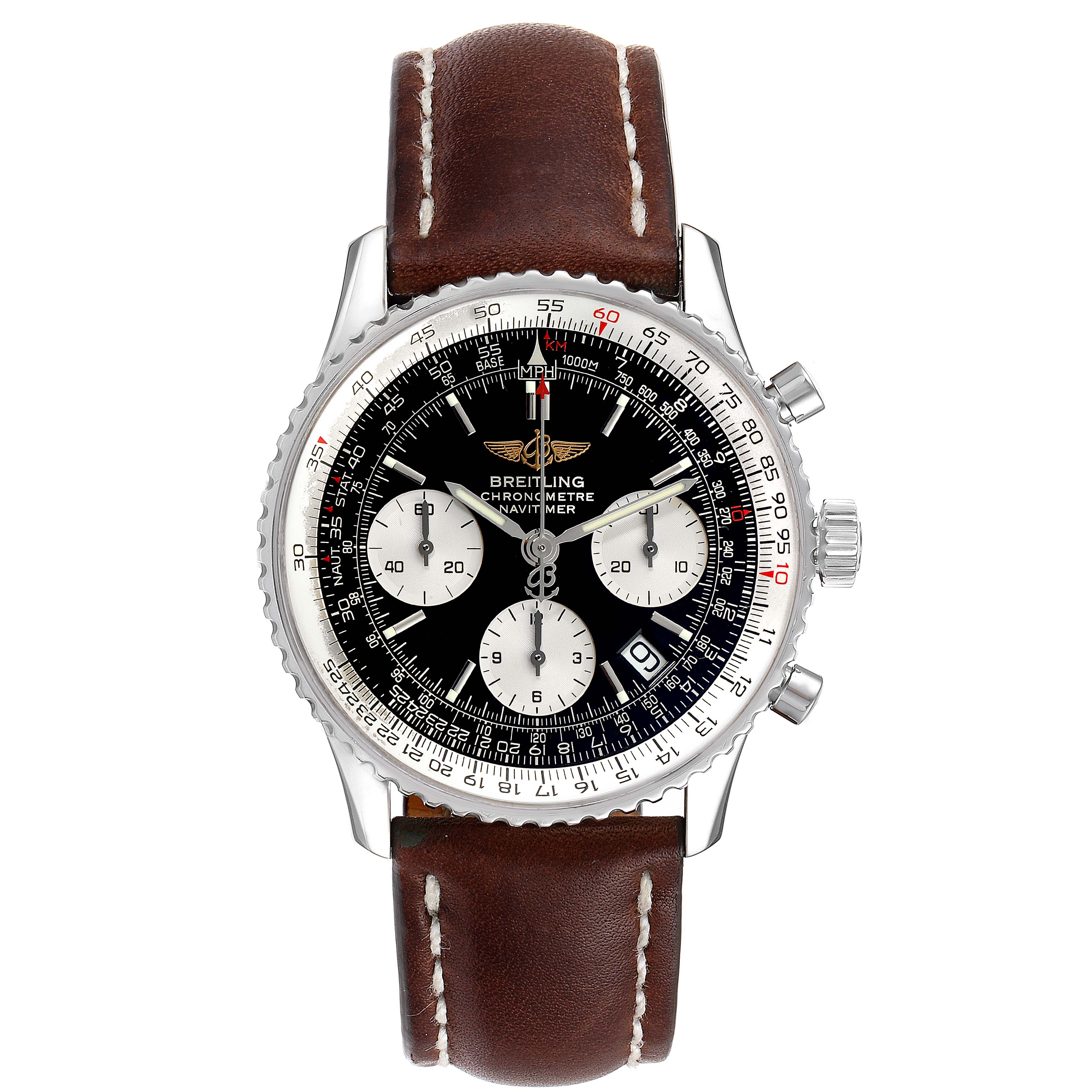 The image shows a front view of a Breitling Navitimer A23322 Men
s Stainless Steel Black Dial A23322 Men
s Stainless Steel Black Dial watch with a brown leather strap and a black dial.