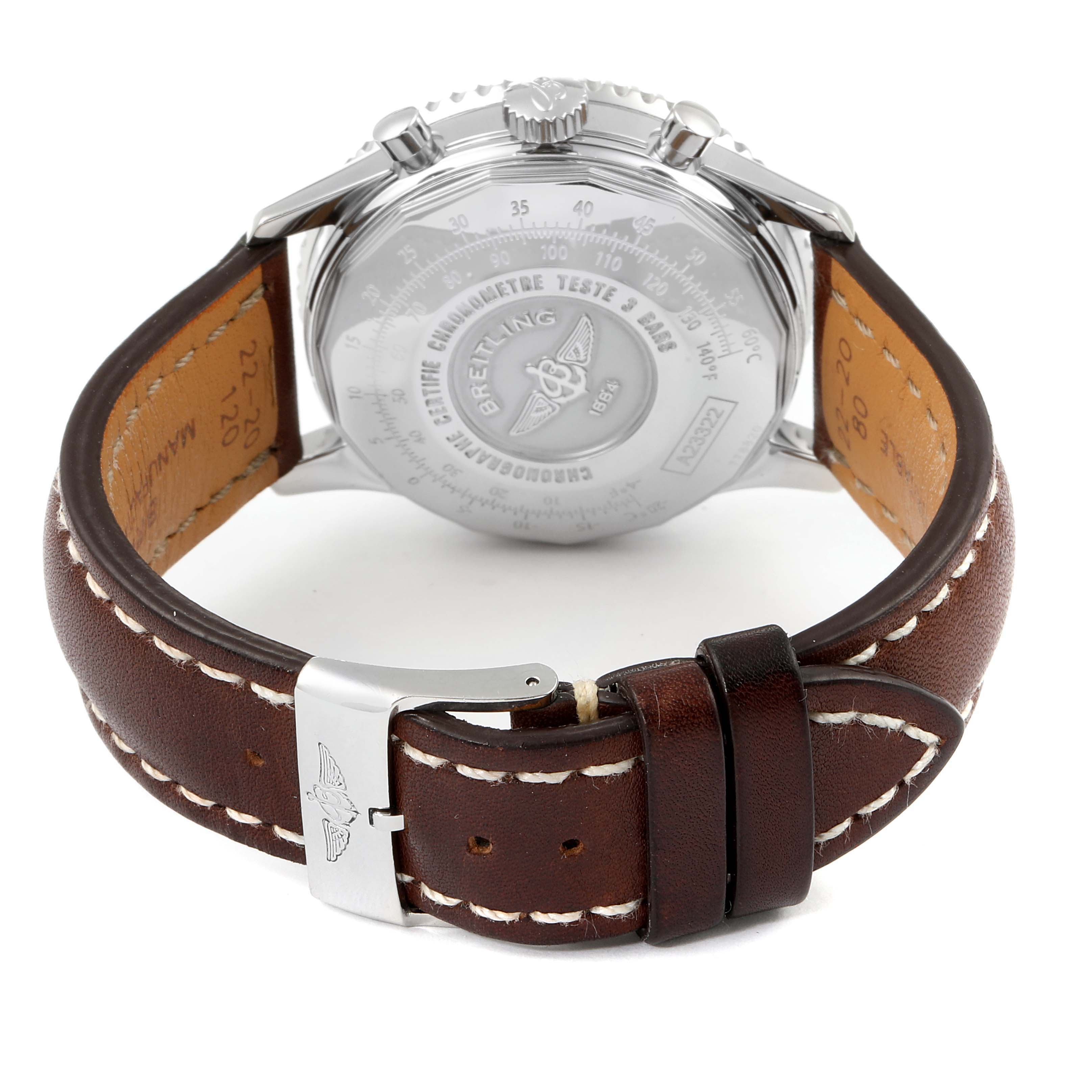 The image shows the back of a Breitling Navitimer A23322 Men
s Stainless Steel Black Dial A23322 Men
s Stainless Steel Black Dial watch, featuring the case back and brown leather strap with stitching and buckle.