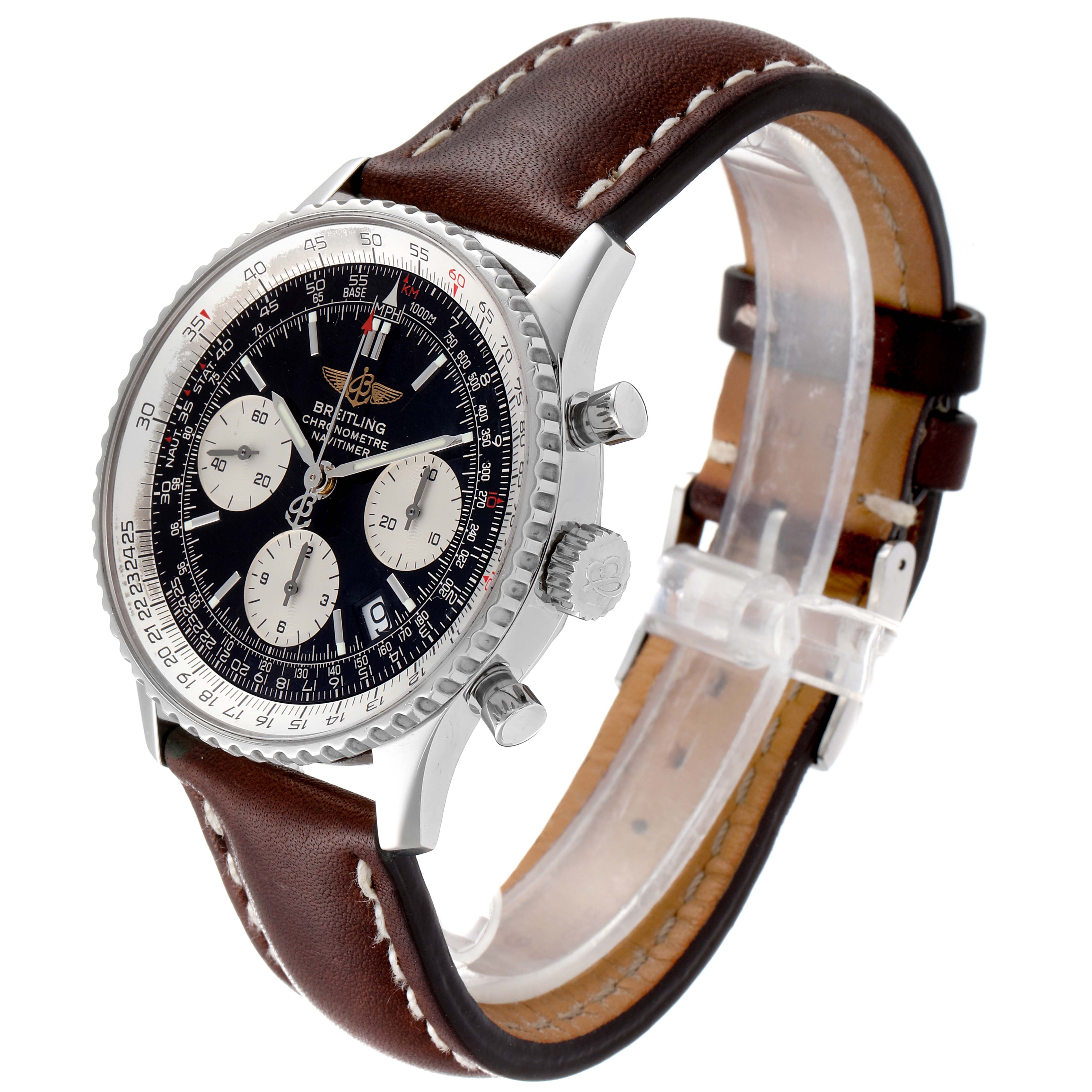 The image shows a Breitling Navitimer A23322 Men
s Stainless Steel Black Dial A23322 Men
s Stainless Steel Black Dial watch at a three-quarter angle, featuring its dial, bezel, pushers, and leather strap.