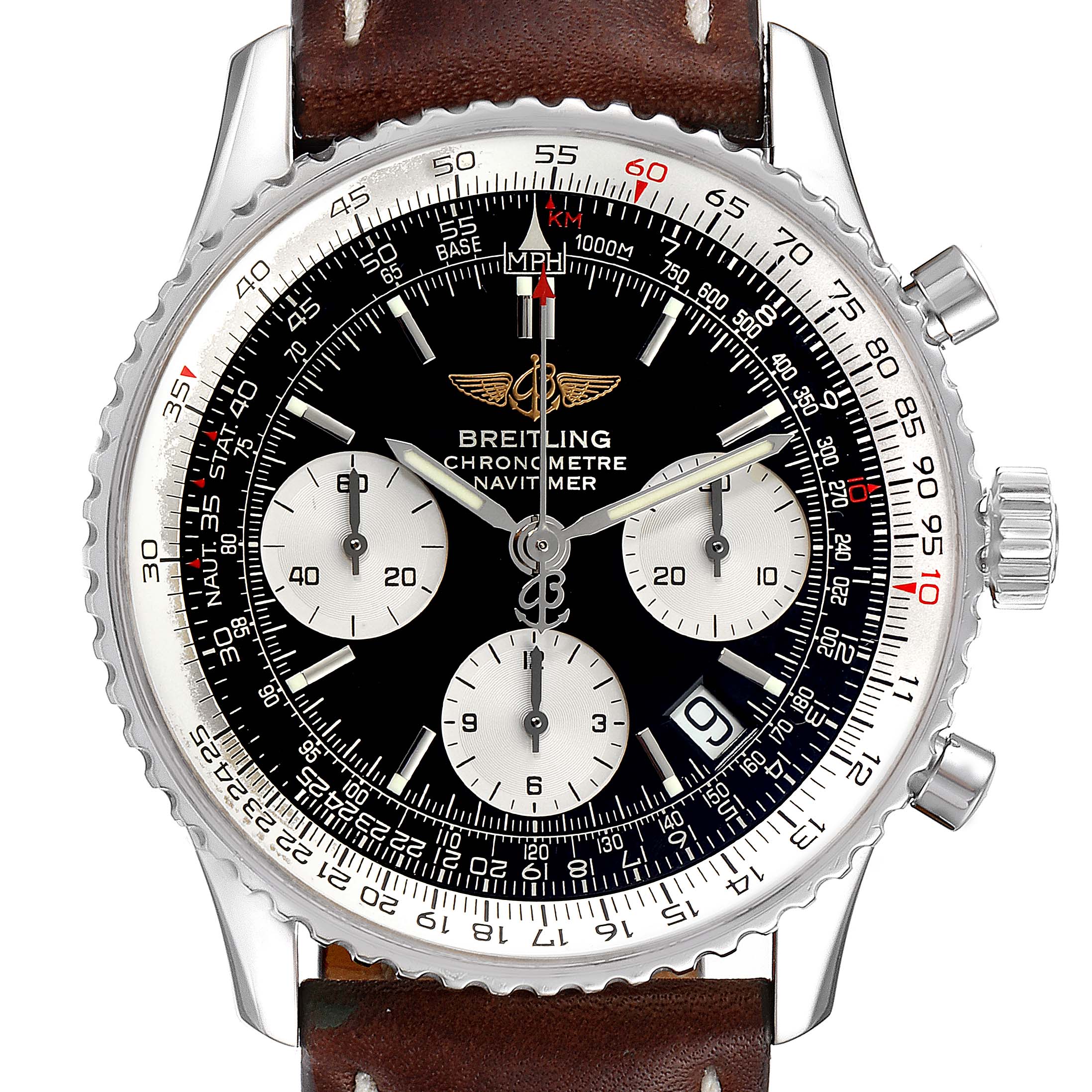 This image shows a top-down view of a Breitling Navitimer A23322 Men
s Stainless Steel Black Dial A23322 Men
s Stainless Steel Black Dial watch face, bezel, and leather strap.