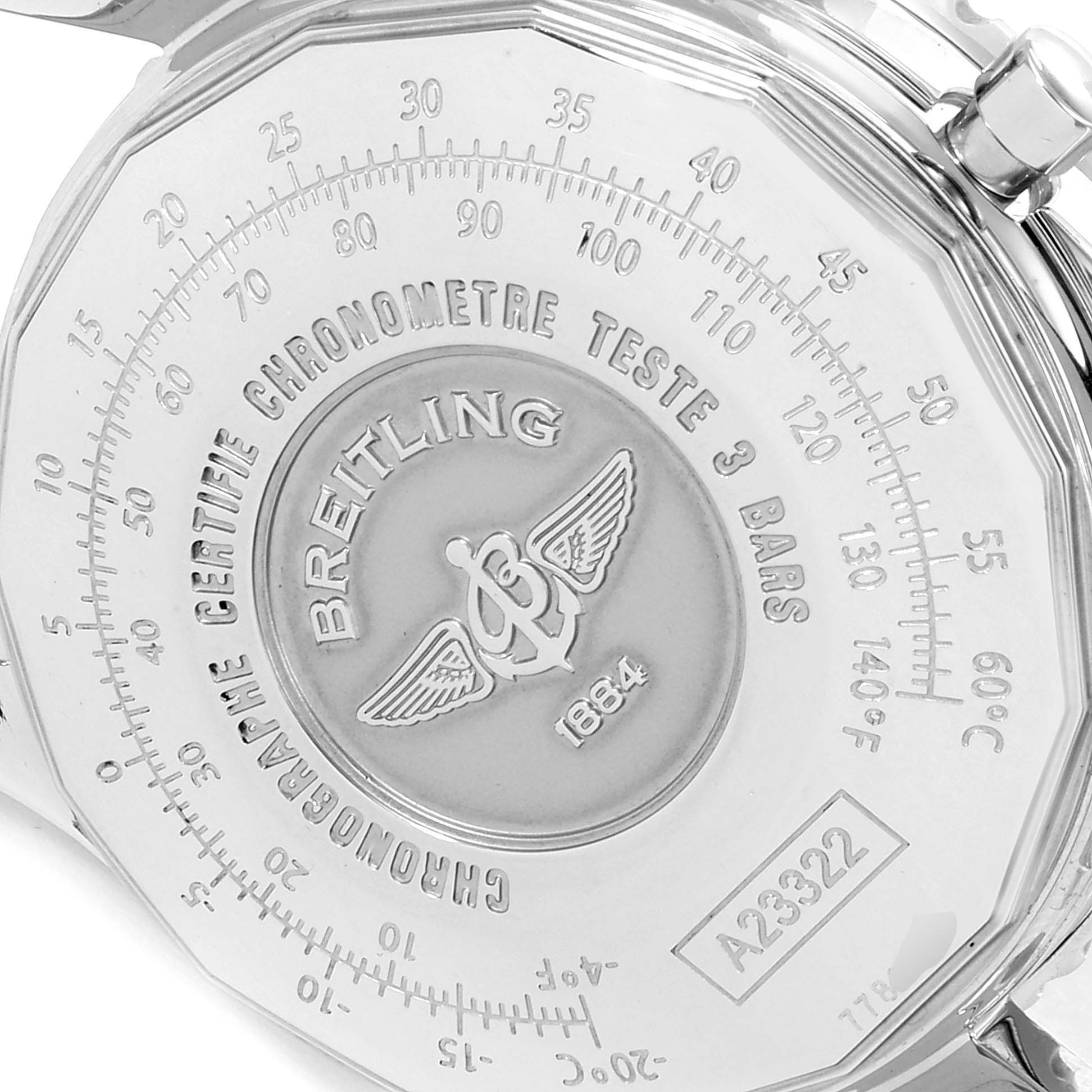 The image shows the back of a Breitling Navitimer A23322 Men
s Stainless Steel Black Dial A23322 Men
s Stainless Steel Black Dial watch, highlighting its engravings and measurements.