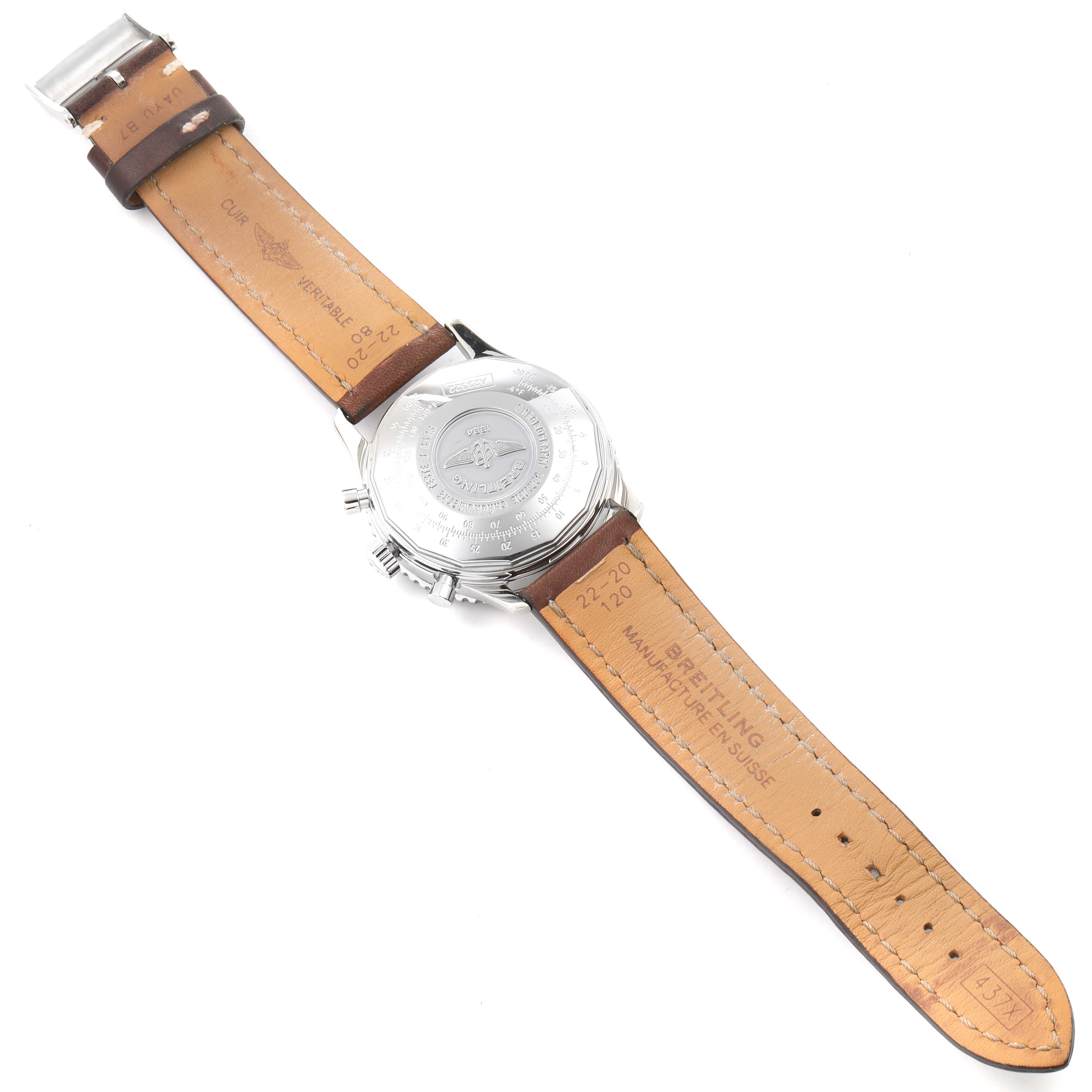 The image shows the back view of a Breitling Navitimer A23322 Men
s Stainless Steel Black Dial A23322 Men
s Stainless Steel Black Dial watch with its leather strap fully extended.