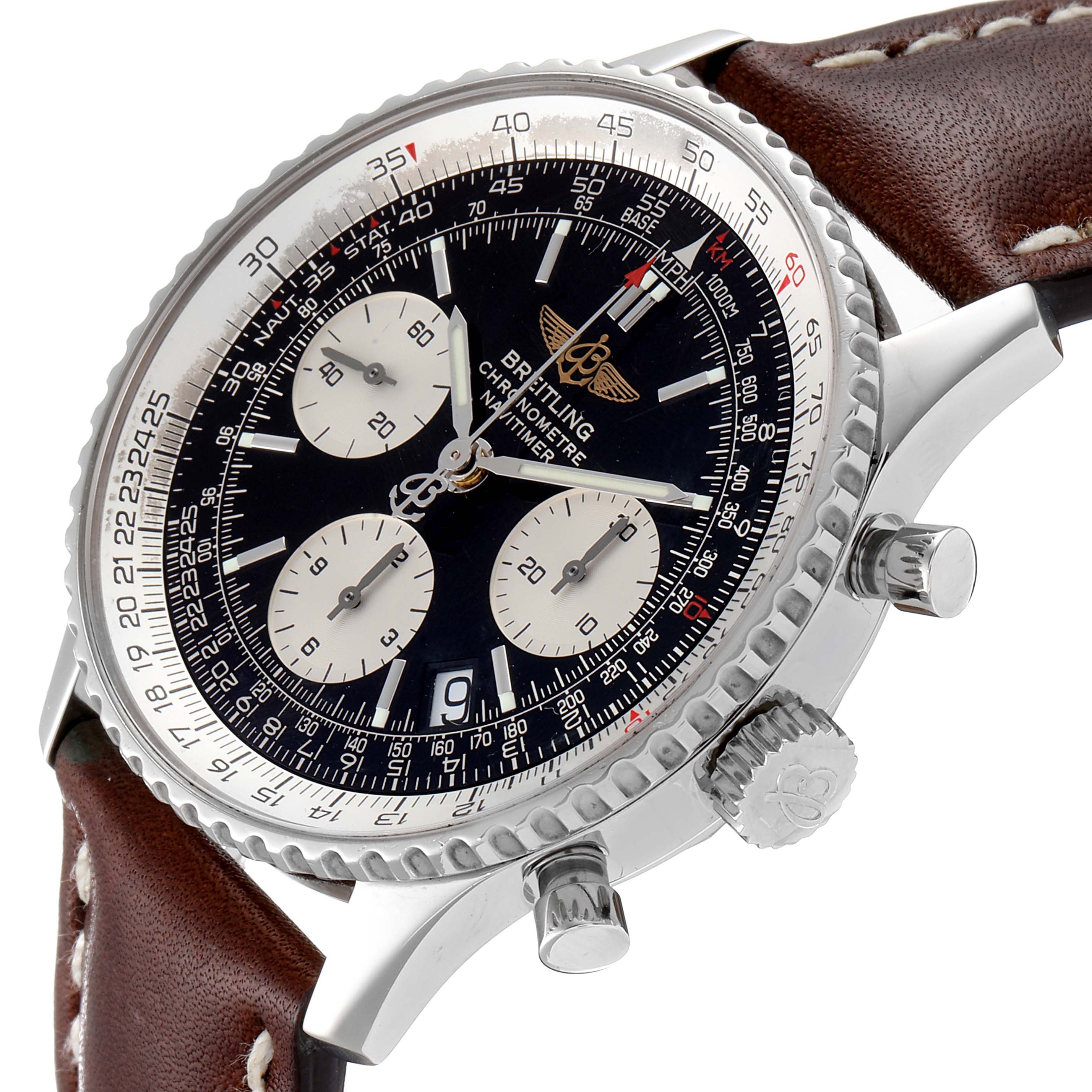 This Breitling Navitimer A23322 Men
s Stainless Steel Black Dial A23322 Men
s Stainless Steel Black Dial watch is shown from a front angle, highlighting the face, sub-dials, bezel, crown, and leather strap.
