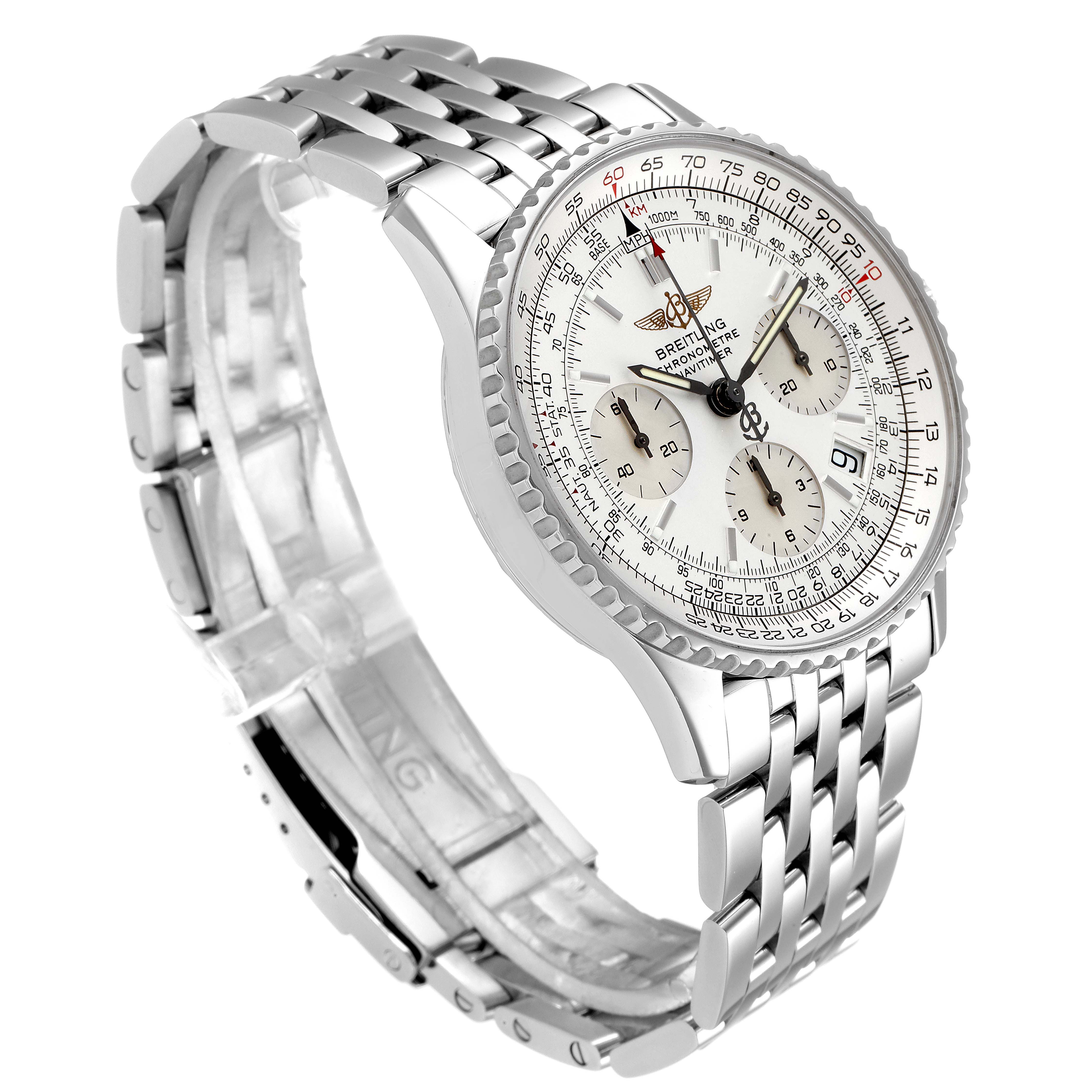 The image shows a Breitling Navitimer A23322 Men
s Stainless Steel Silver Dial A23322 Men
s Stainless Steel Silver Dial watch angled to display the face and stainless steel bracelet.