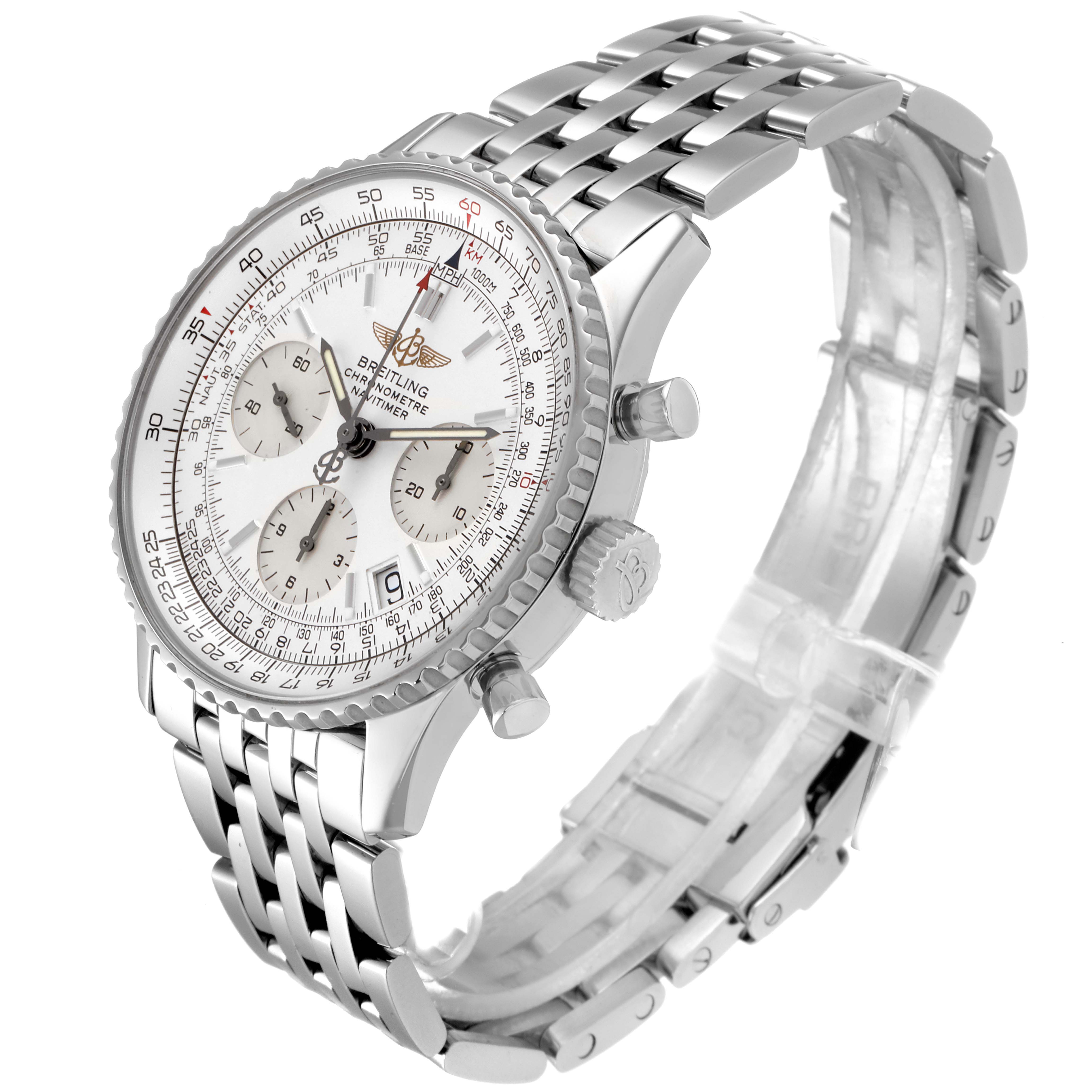The image shows a Breitling Navitimer A23322 Men
s Stainless Steel Silver Dial A23322 Men
s Stainless Steel Silver Dial watch at a three-quarter angle, highlighting its dial, bezel, crown, and bracelet.