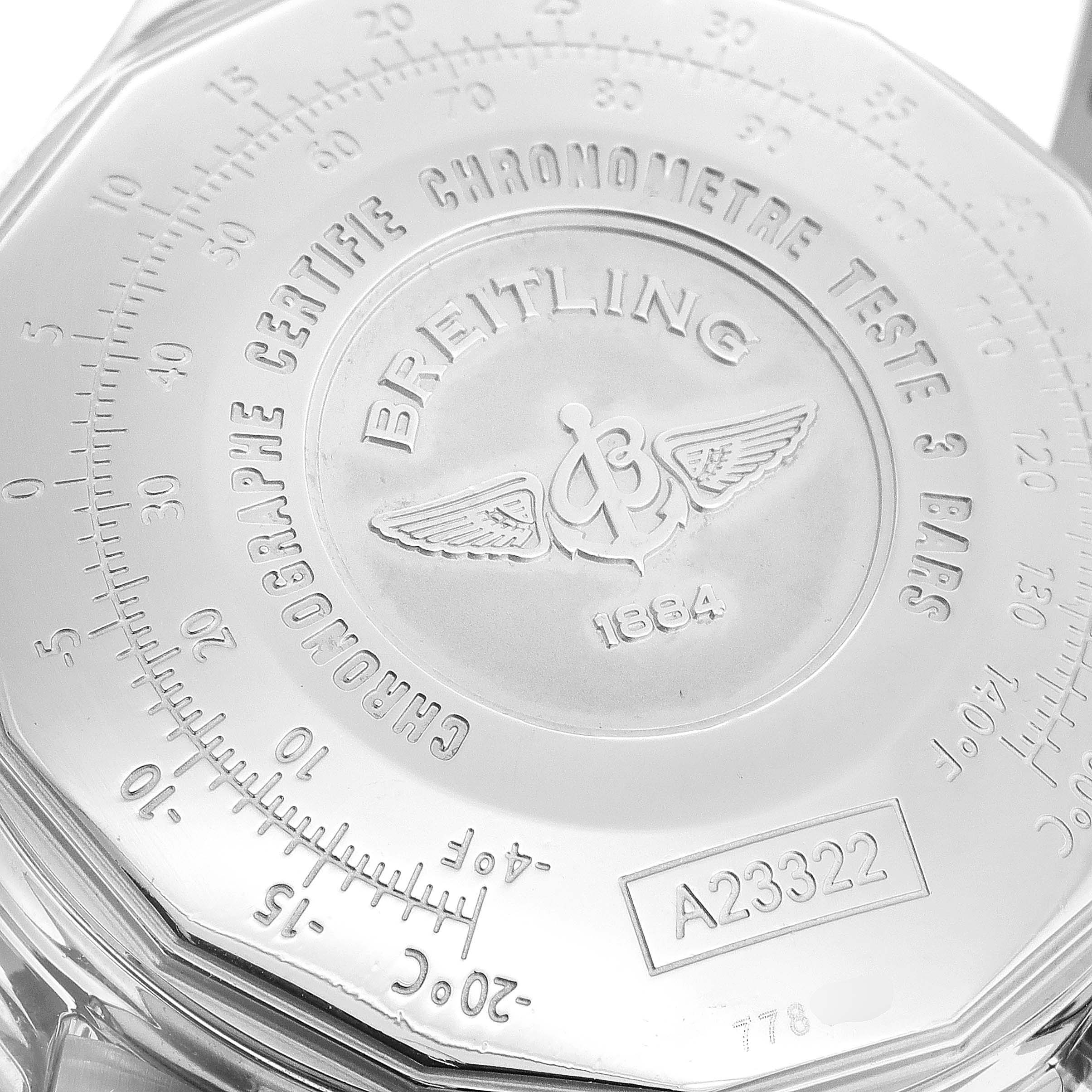 This image shows the case back of a Breitling Navitimer A23322 Men
s Stainless Steel Silver Dial A23322 Men
s Stainless Steel Silver Dial watch, displaying branding and model details.