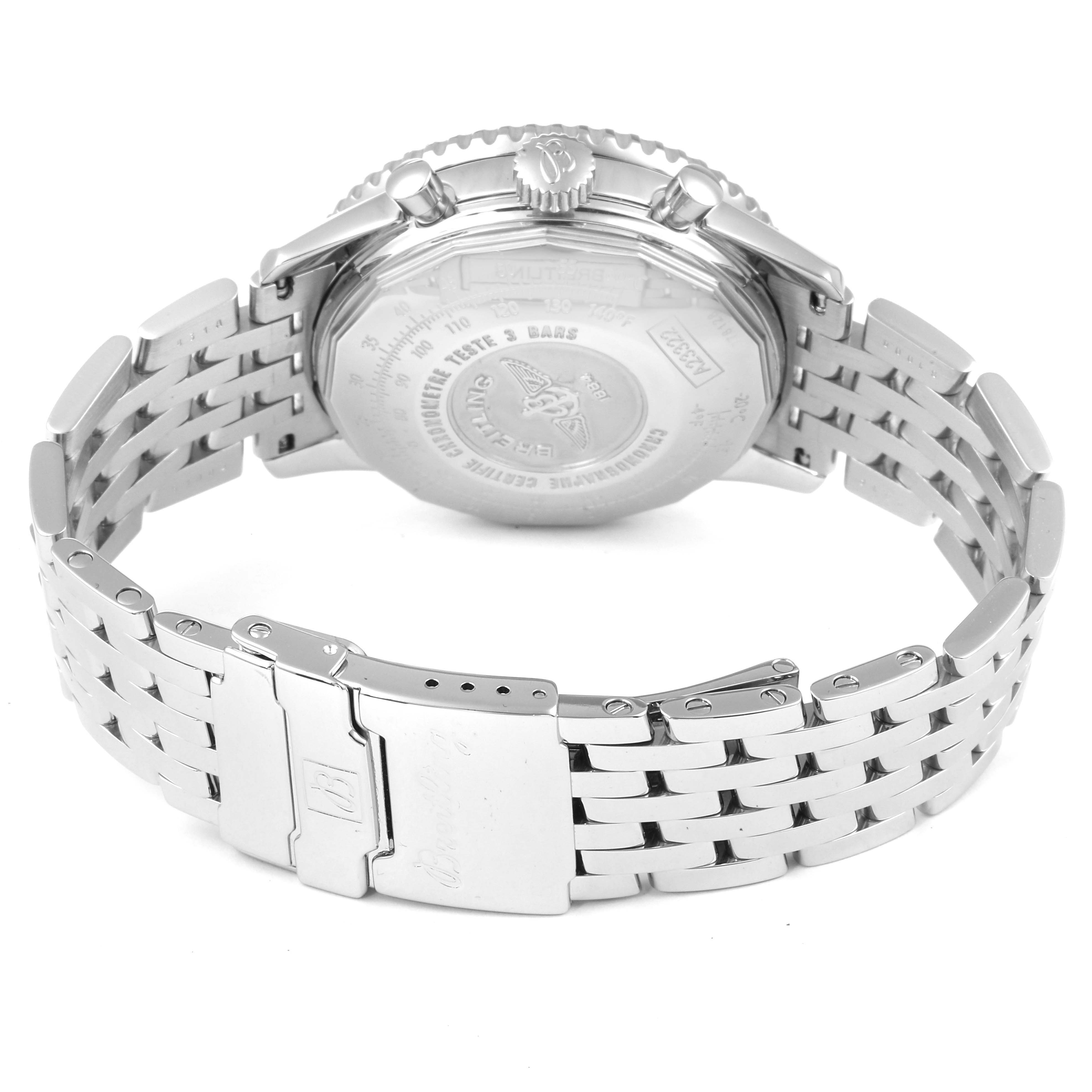 The image shows the back view of a Breitling Navitimer A23322 Men
s Stainless Steel Silver Dial A23322 Men
s Stainless Steel Silver Dial watch, highlighting the case back, crown, pushers, and metal bracelet.