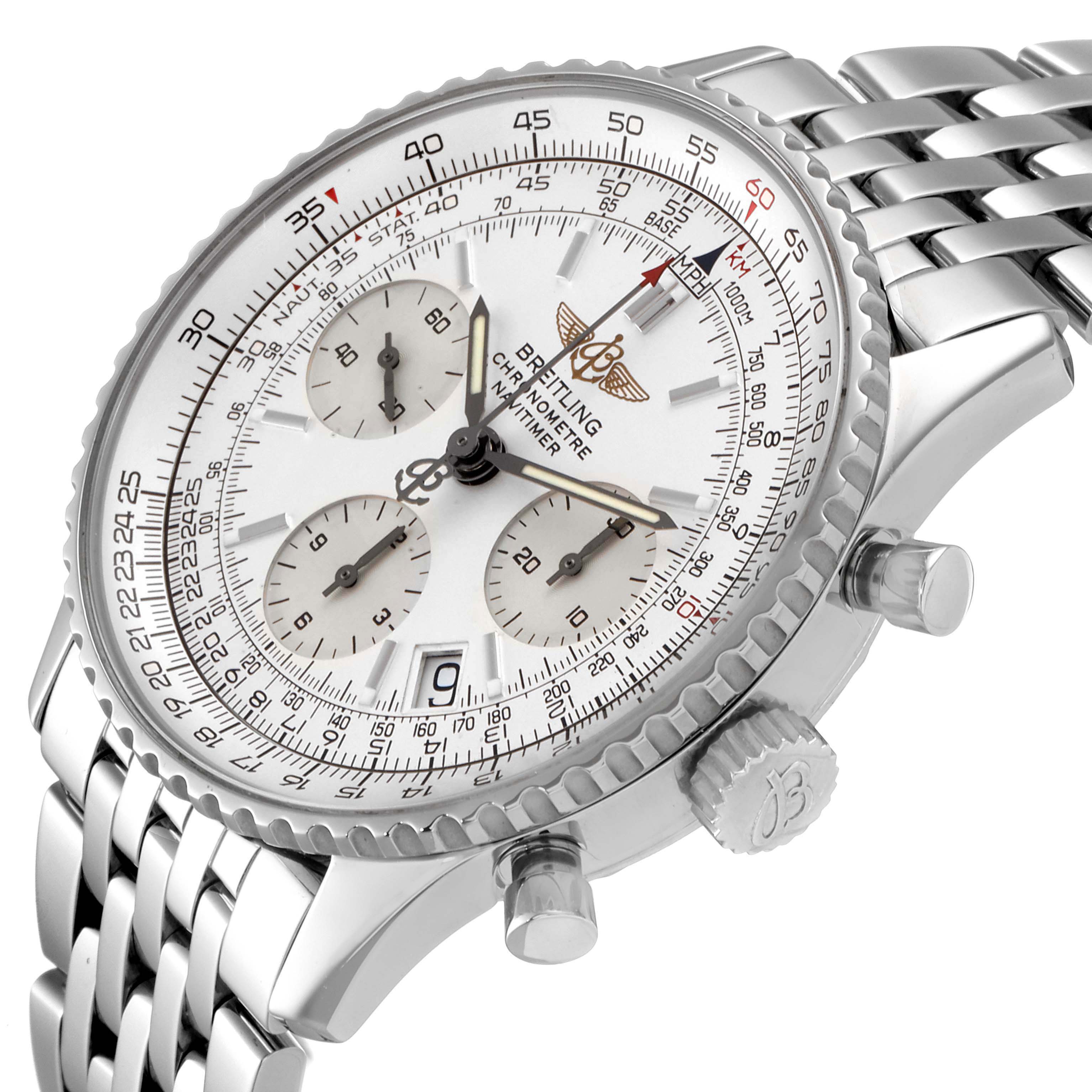 The image shows a top-side angle of the Breitling Navitimer A23322 Men
s Stainless Steel Silver Dial A23322 Men
s Stainless Steel Silver Dial watch displaying its dial, chronograph subdials, bezel, and bracelet.