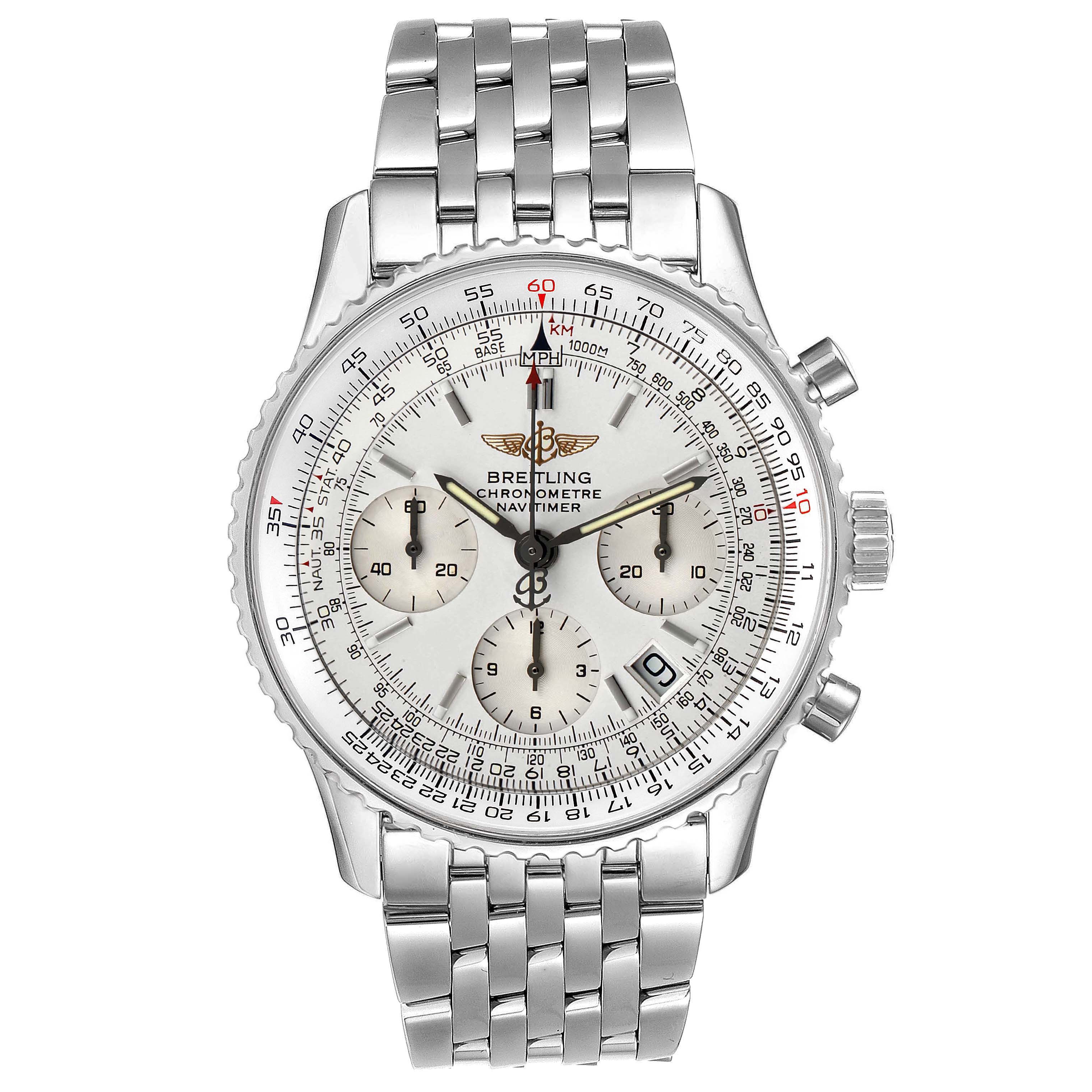 The Breitling Navitimer A23322 Men
s Stainless Steel Silver Dial A23322 Men
s Stainless Steel Silver Dial watch is shown from a top-down angle, highlighting its dial, chronograph subdials, and stainless steel bracelet.