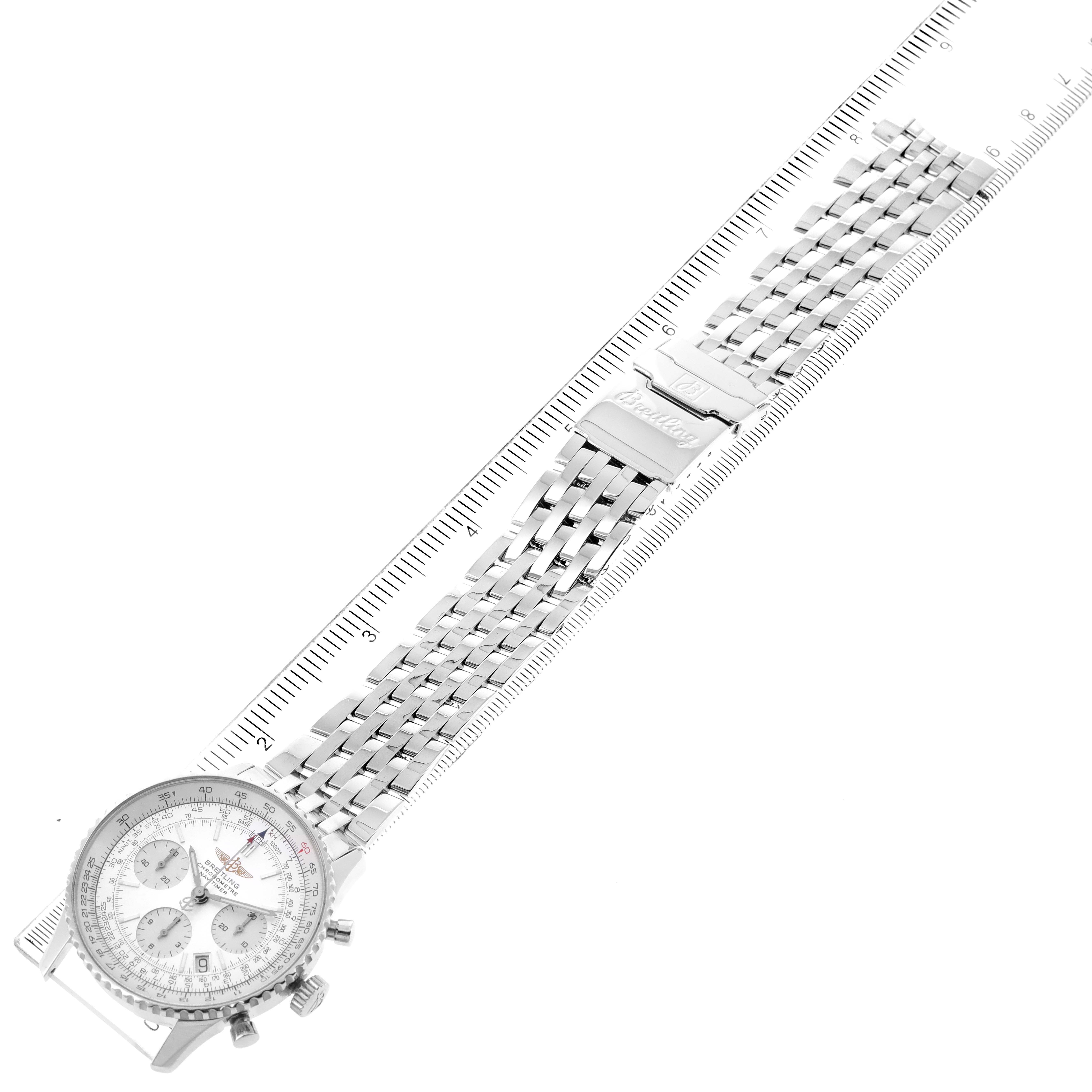 This image shows a top-down view of a Breitling Navitimer A23322 Men
s Stainless Steel Silver Dial A23322 Men
s Stainless Steel Silver Dial watch, displaying the face, bezel, and entire stainless steel bracelet.