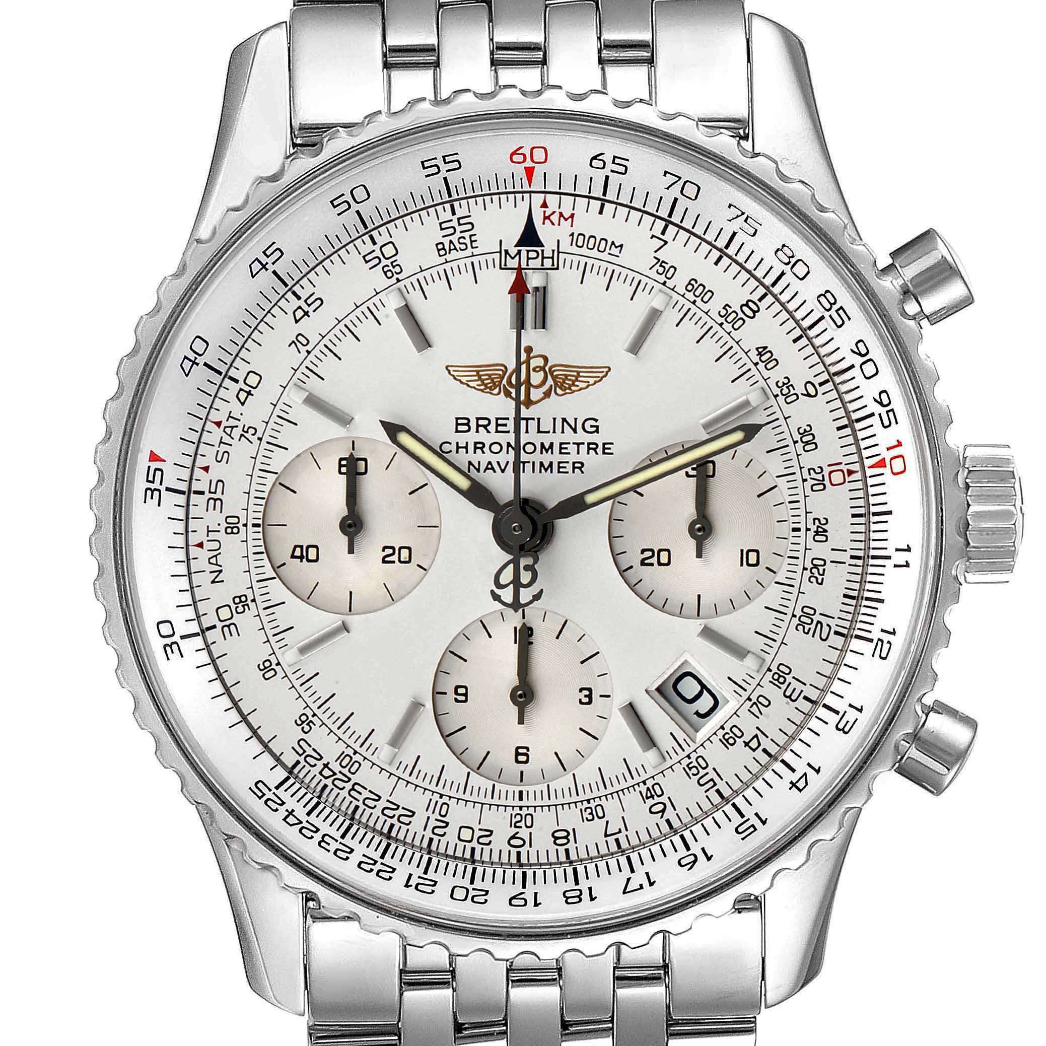 The image shows a front view of a Breitling Navitimer A23322 Men
s Stainless Steel Silver Dial A23322 Men
s Stainless Steel Silver Dial, displaying the dial, subdials, and metal bracelet.