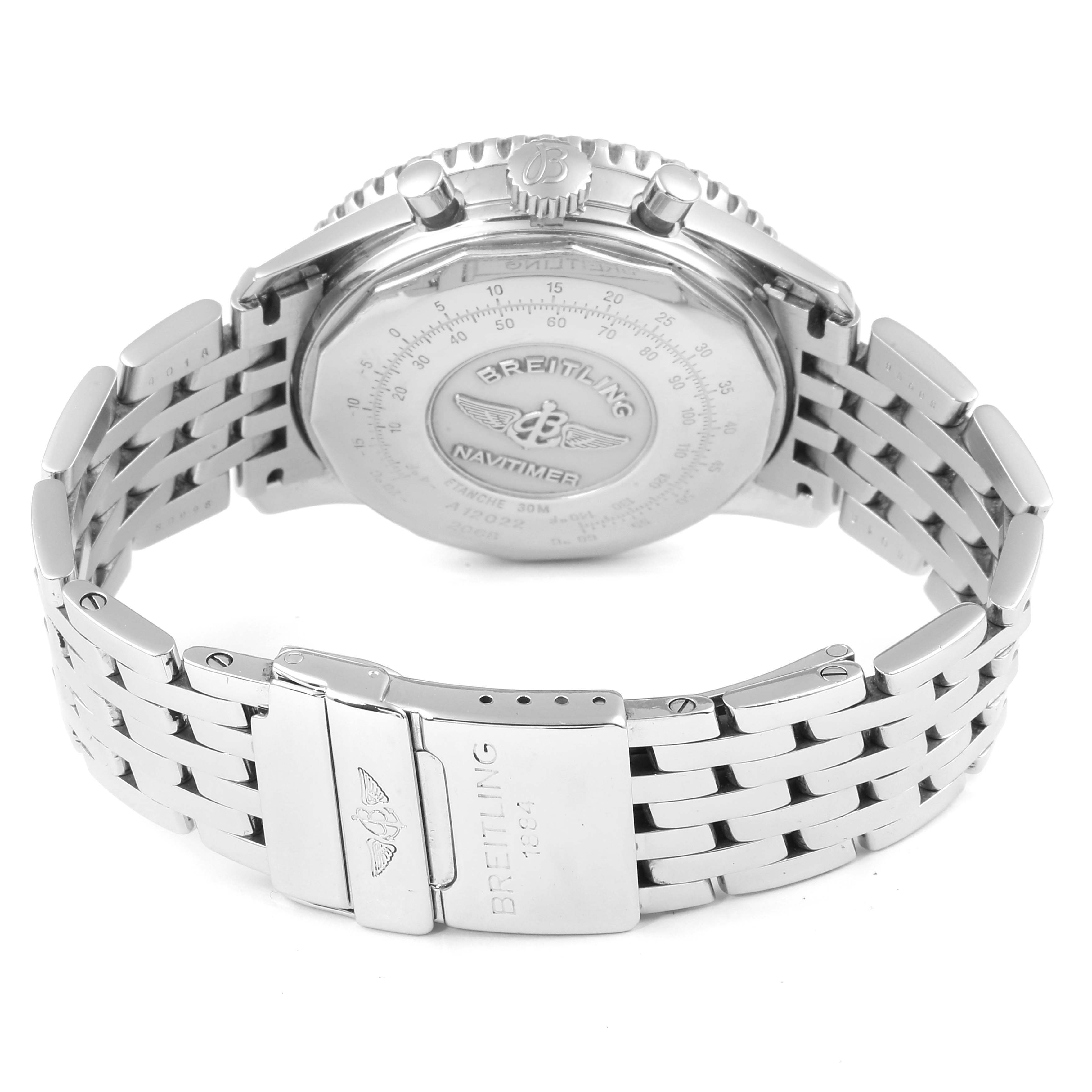 The image shows the back case and bracelet of a Breitling Navitimer A12022 Men
s Stainless Steel Blue Dial A12022 Men
s Stainless Steel Blue Dial watch from a rear angle.