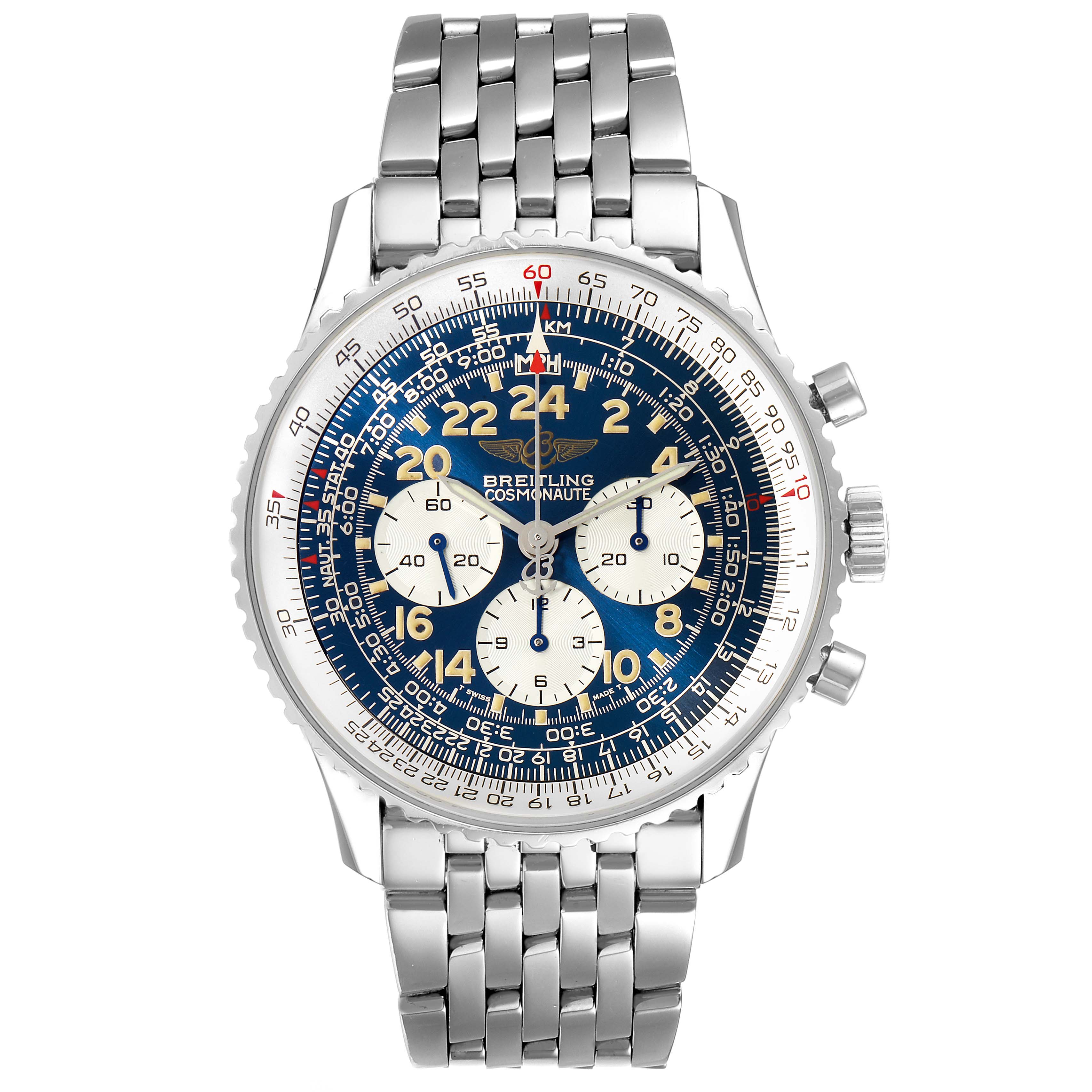 This image shows a front view of a Breitling Navitimer A12022 Men
s Stainless Steel Blue Dial A12022 Men
s Stainless Steel Blue Dial watch, featuring a metal bracelet, chronograph subdials, and a blue dial with a 24-hour scale.