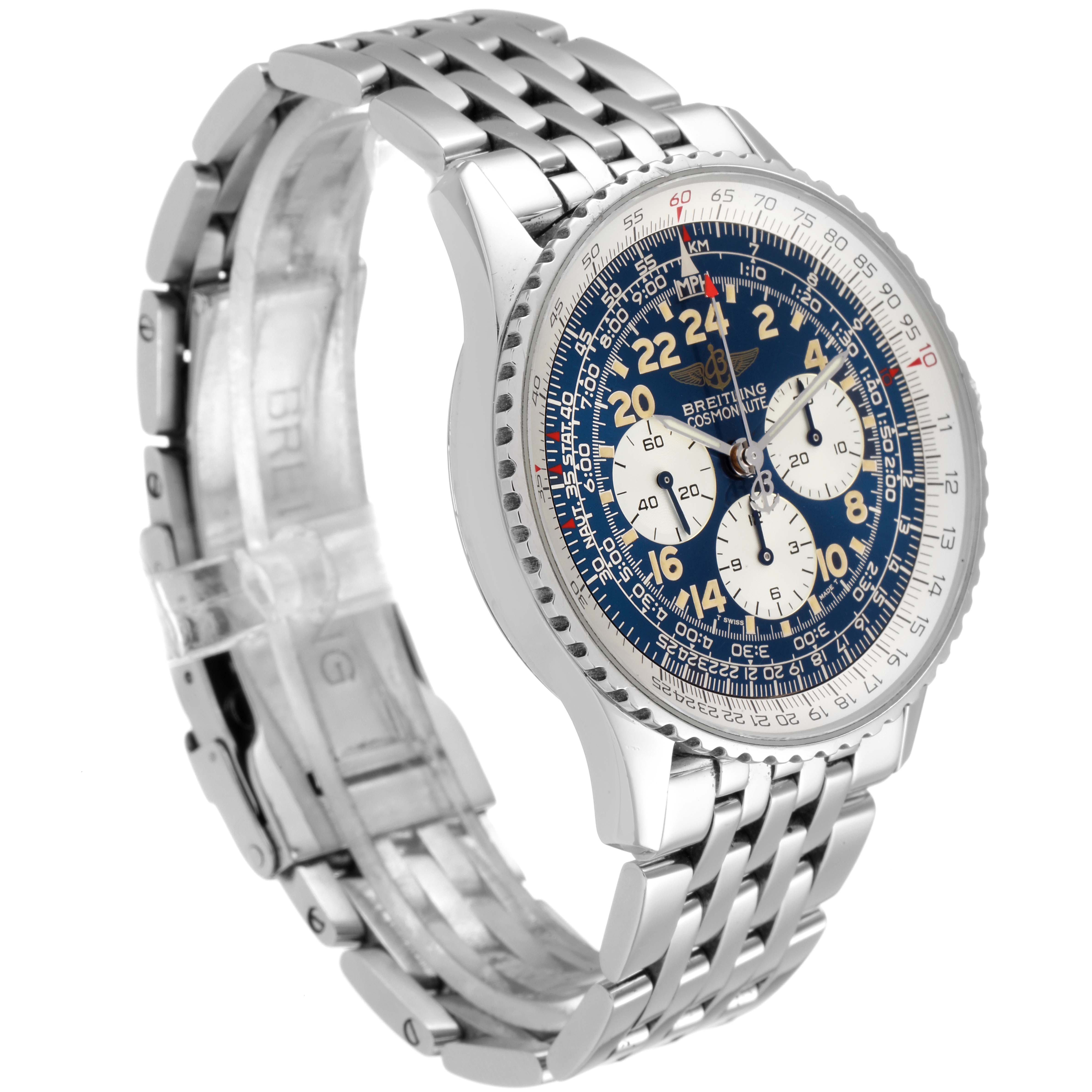The image shows a Breitling Navitimer A12022 Men
s Stainless Steel Blue Dial A12022 Men
s Stainless Steel Blue Dial watch at a three-quarter angle, highlighting the watch face and metal bracelet.