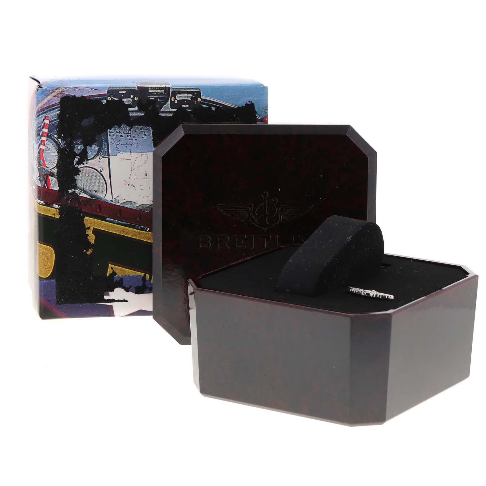 The image shows an open Breitling Navitimer A12022 Men
s Stainless Steel Blue Dial A12022 Men
s Stainless Steel Blue Dial watch box with its interior cushion and the outer packaging.