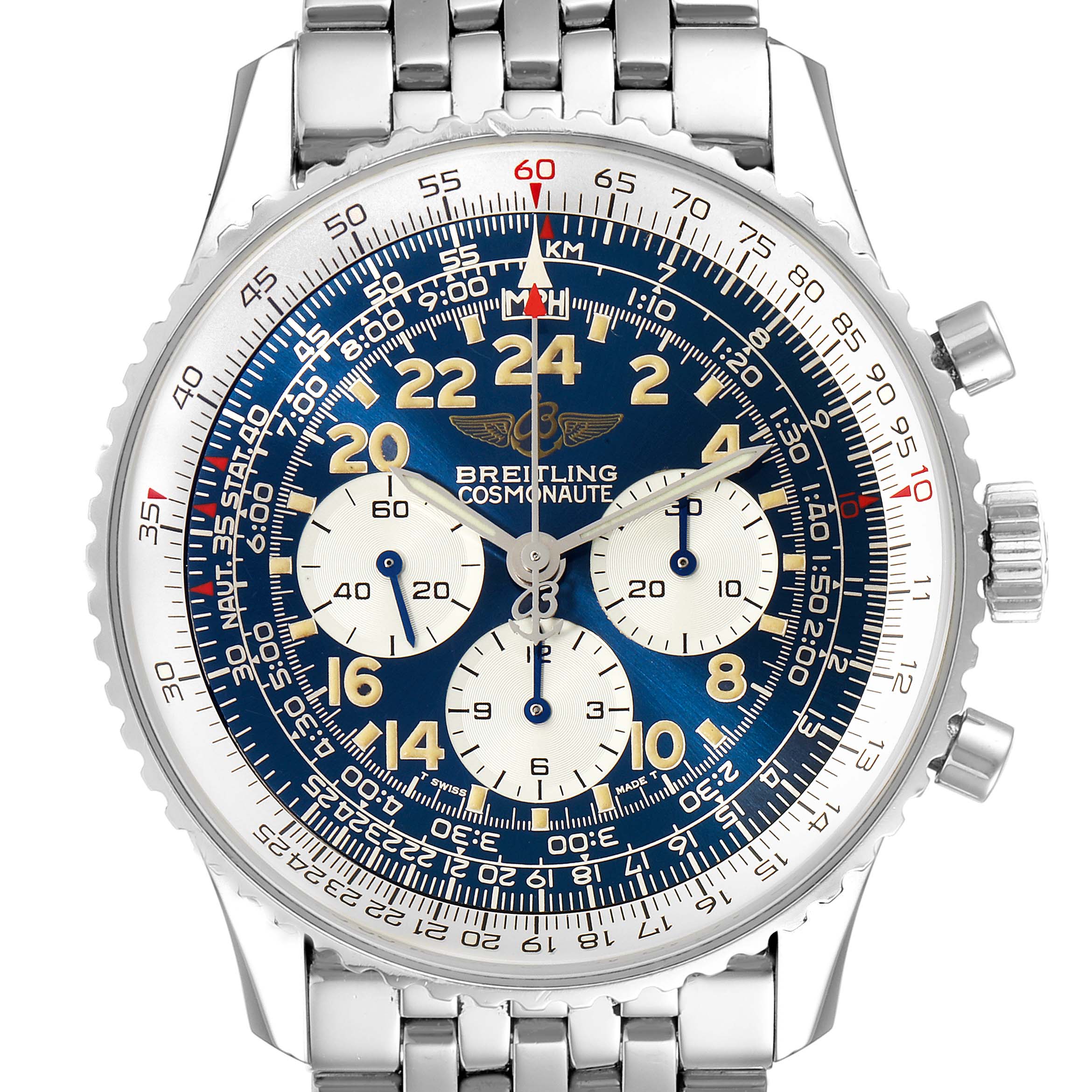 The image shows a front view of a Breitling Navitimer A12022 Men
s Stainless Steel Blue Dial A12022 Men
s Stainless Steel Blue Dial Cosmonaut watch, highlighting its dial, bezel, and bracelet.