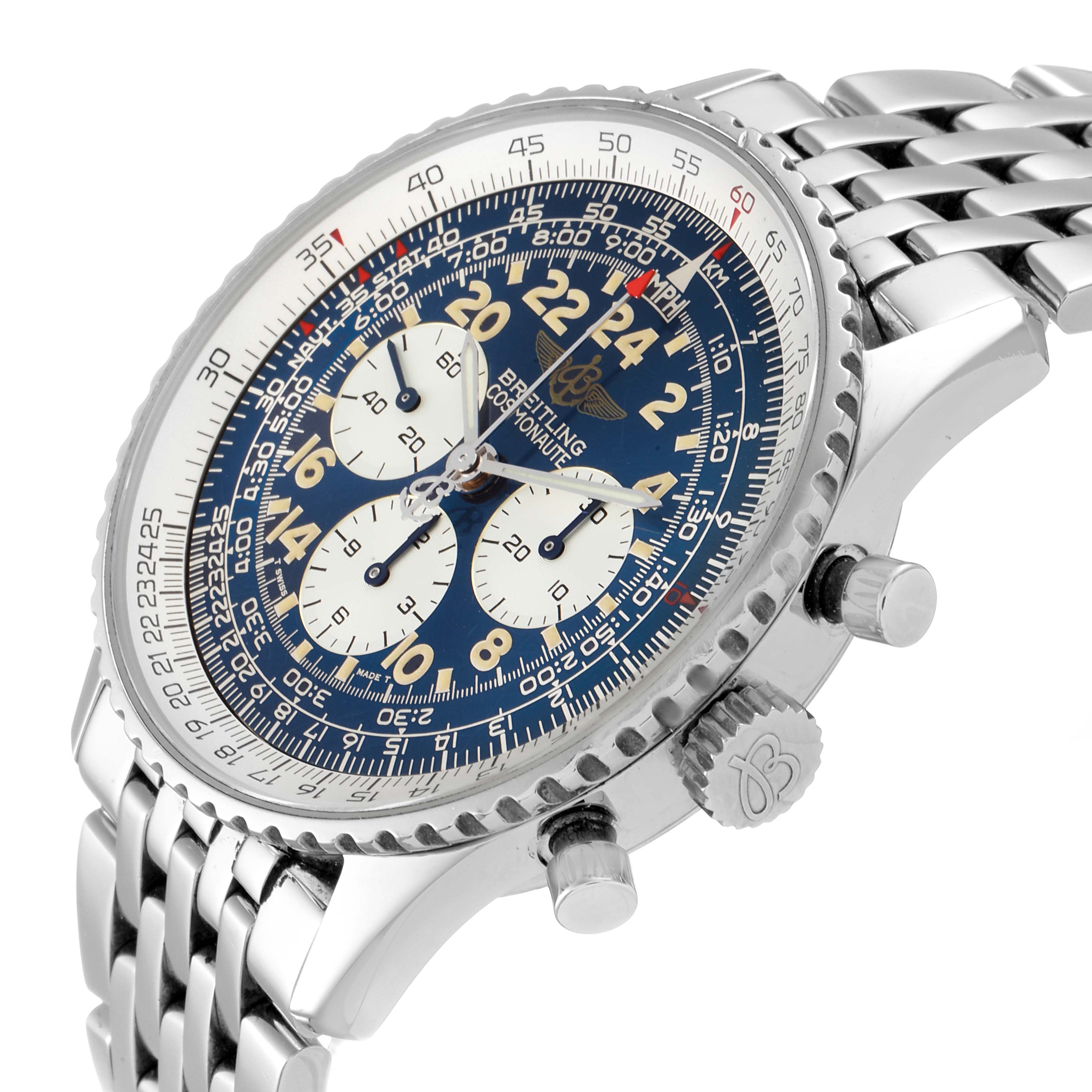 The image shows a close-up side angle of the Breitling Navitimer A12022 Men
s Stainless Steel Blue Dial A12022 Men
s Stainless Steel Blue Dial watch, highlighting its dial, bezel, and metal bracelet.