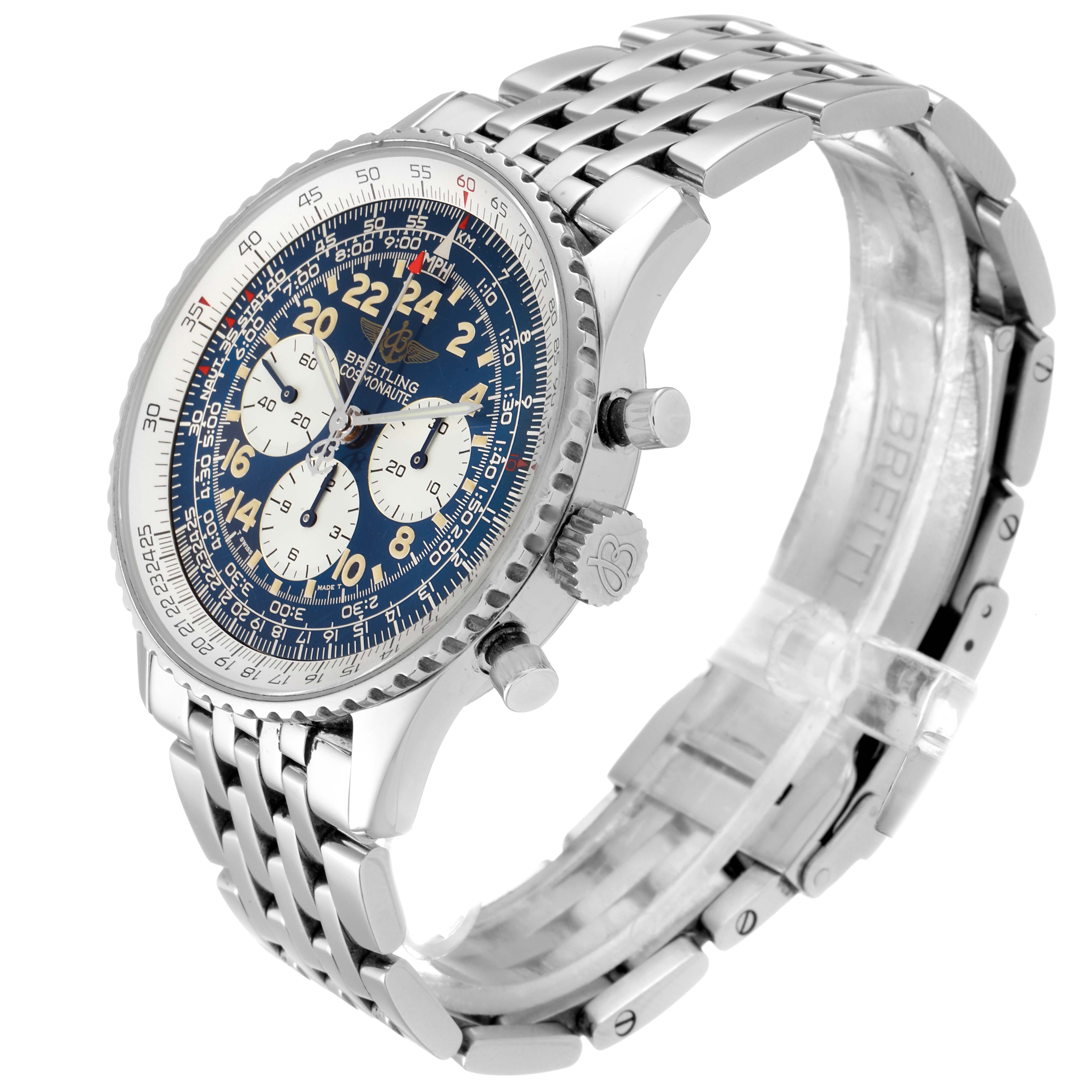 The image shows a side angle of a Breitling Navitimer A12022 Men
s Stainless Steel Blue Dial A12022 Men
s Stainless Steel Blue Dial watch, highlighting the bezel, dial, crown, pushers, and bracelet.