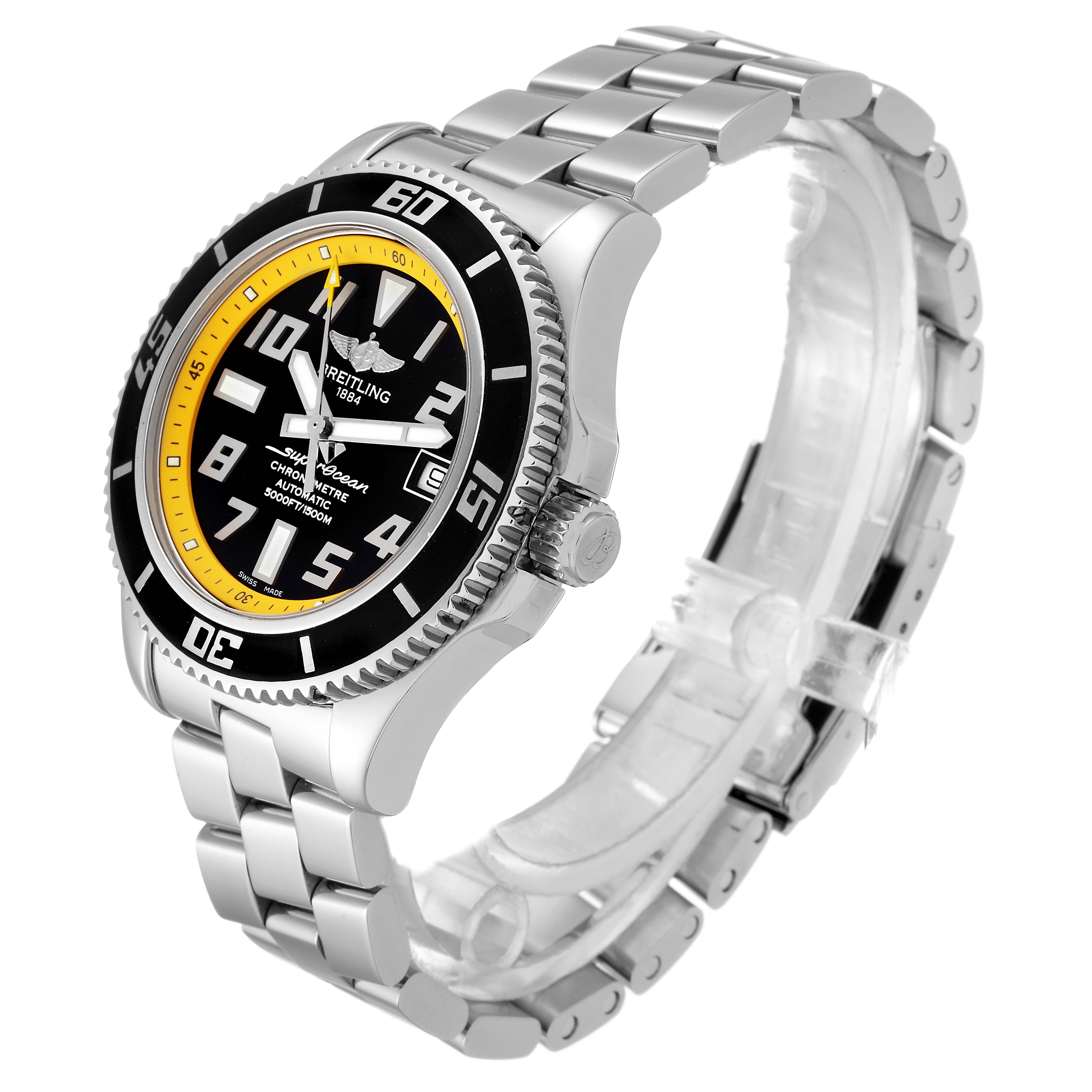 The image shows a side-angle view of a Breitling Superocean A17364 Men
s Stainless Steel Black Dial A17364 Men
s Stainless Steel Black Dial watch, highlighting its bezel, dial, and metal bracelet.