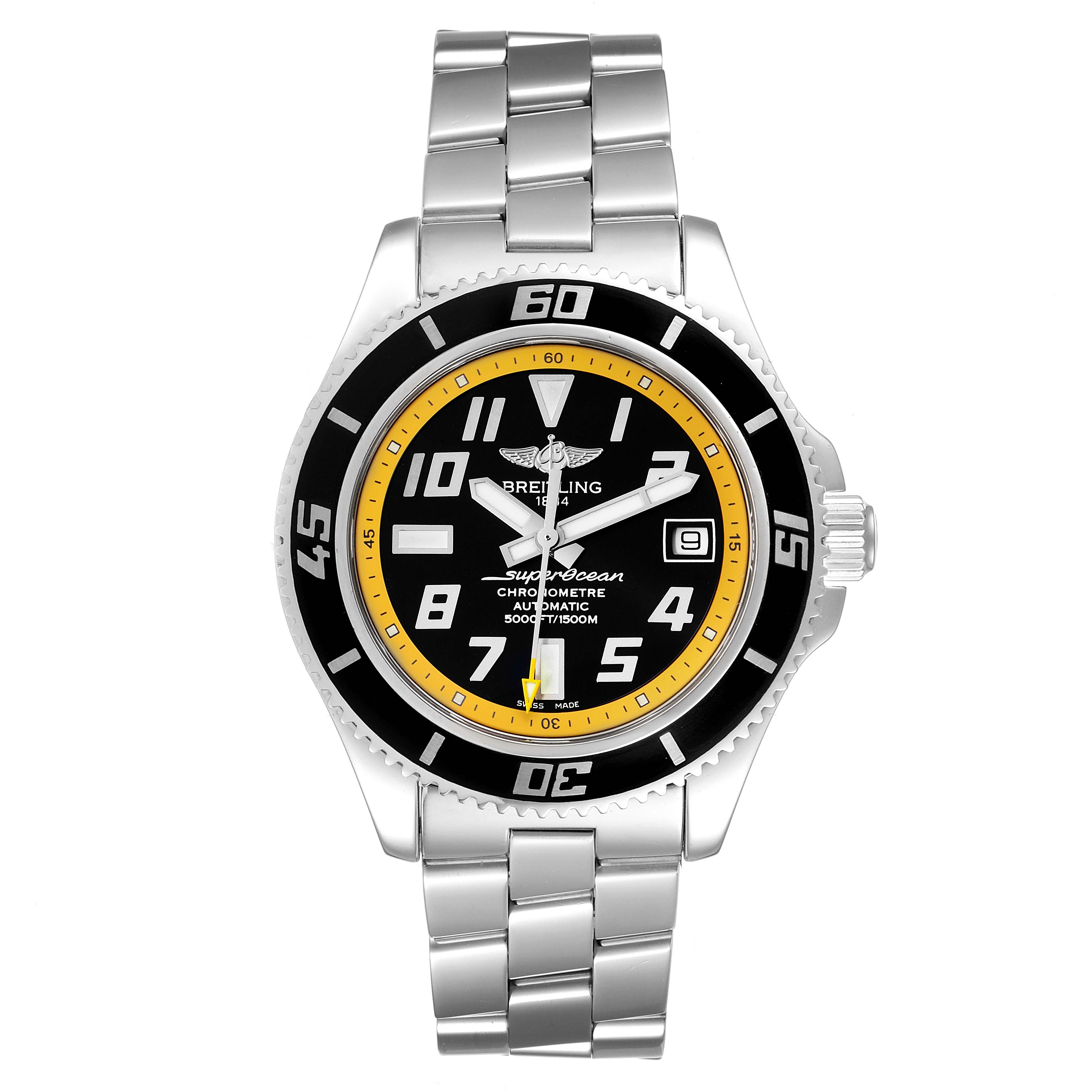 The image shows a Breitling Superocean A17364 Men
s Stainless Steel Black Dial A17364 Men
s Stainless Steel Black Dial watch from a front angle, displaying the dial, bezel, and metal bracelet.