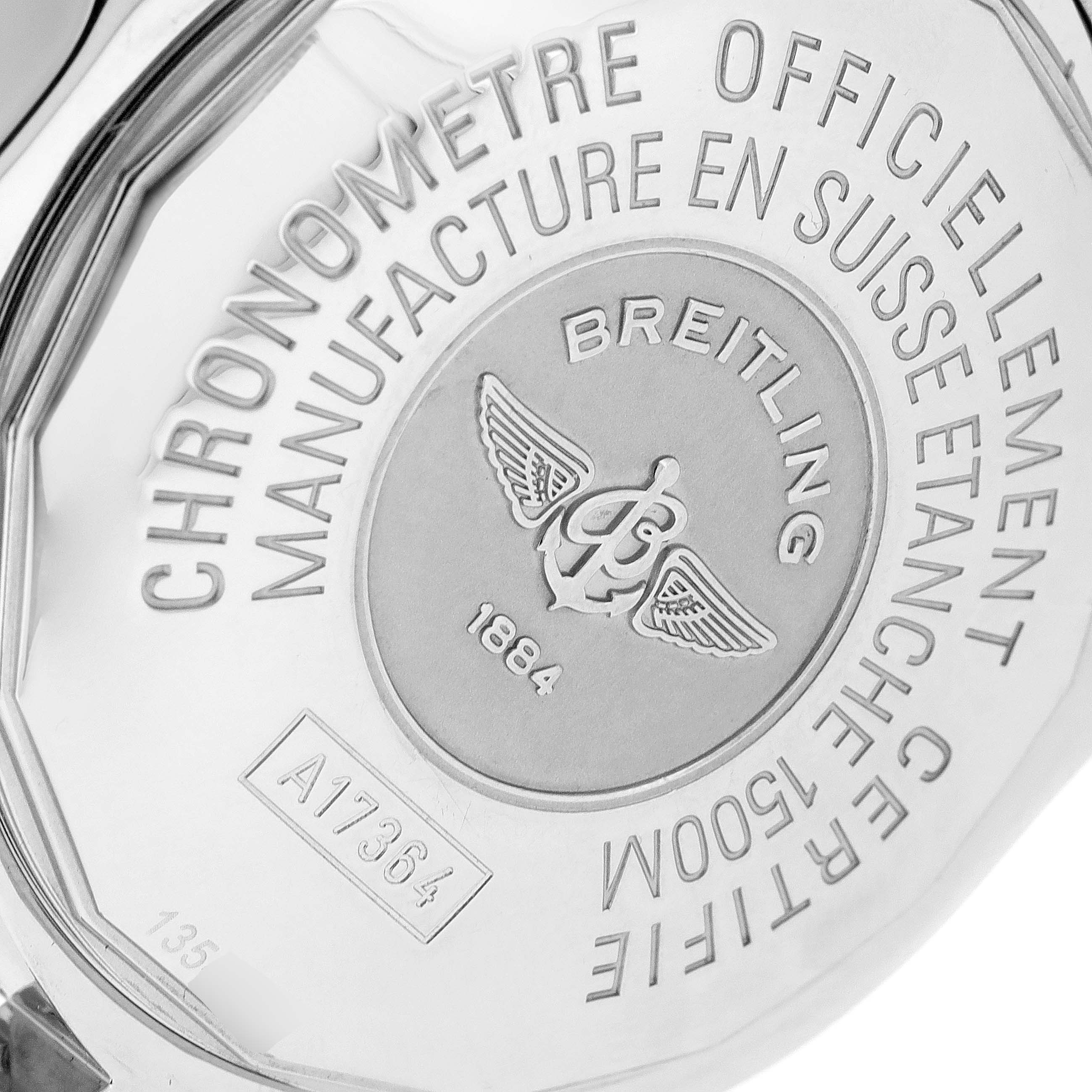 This image shows the engraved case back of a Breitling Superocean A17364 Men
s Stainless Steel Black Dial A17364 Men
s Stainless Steel Black Dial watch.