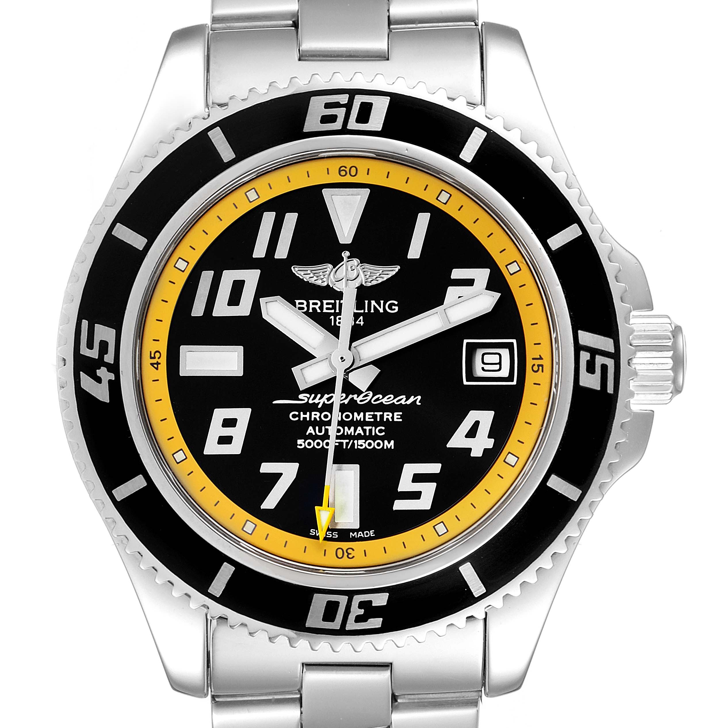 This image shows the front view of a Breitling Superocean A17364 Men
s Stainless Steel Black Dial A17364 Men
s Stainless Steel Black Dial watch, featuring its dial, bezel, hands, and part of the bracelet.