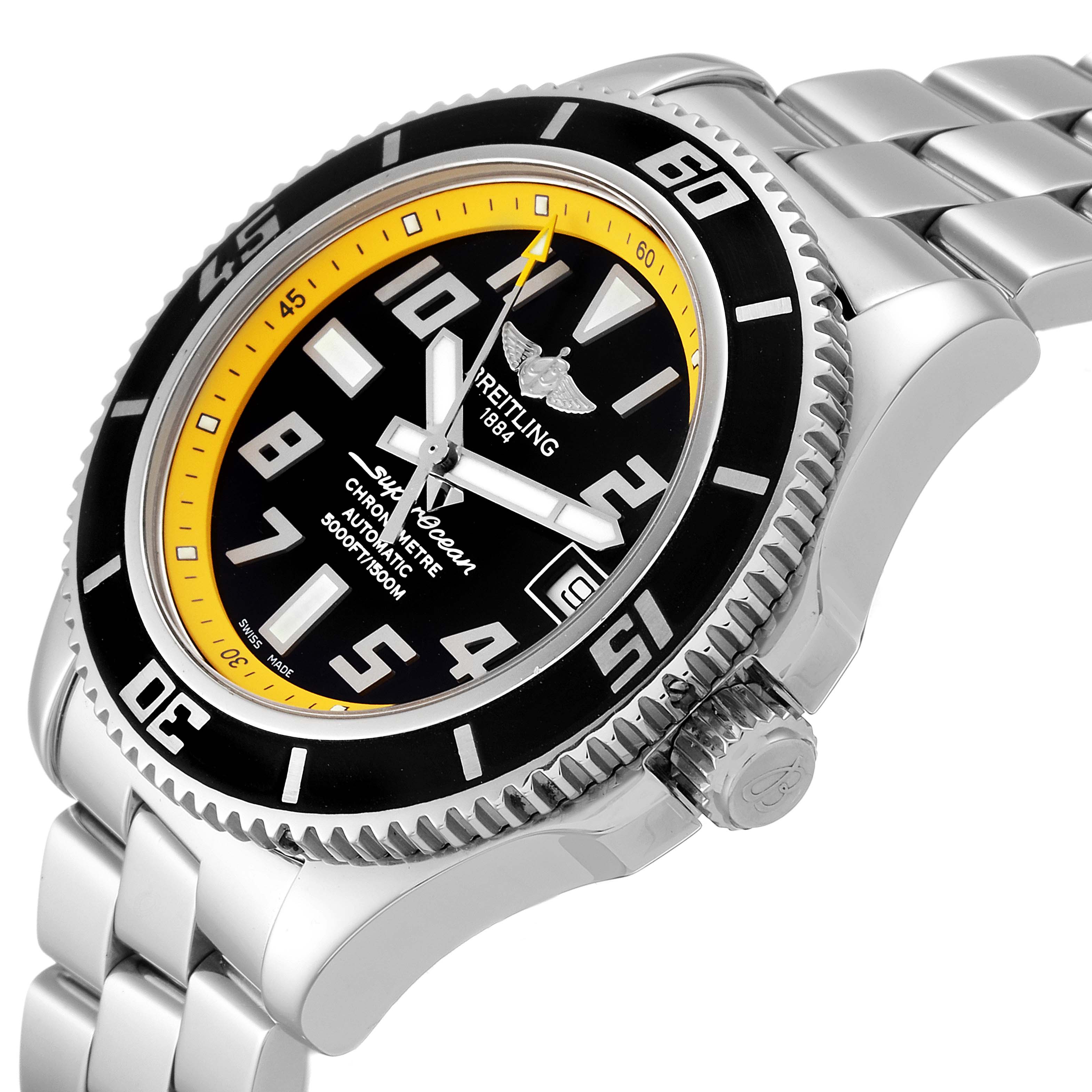 The image shows a Breitling Superocean A17364 Men
s Stainless Steel Black Dial A17364 Men
s Stainless Steel Black Dial watch at a three-quarter angle, highlighting its bezel, dial, and stainless steel bracelet.