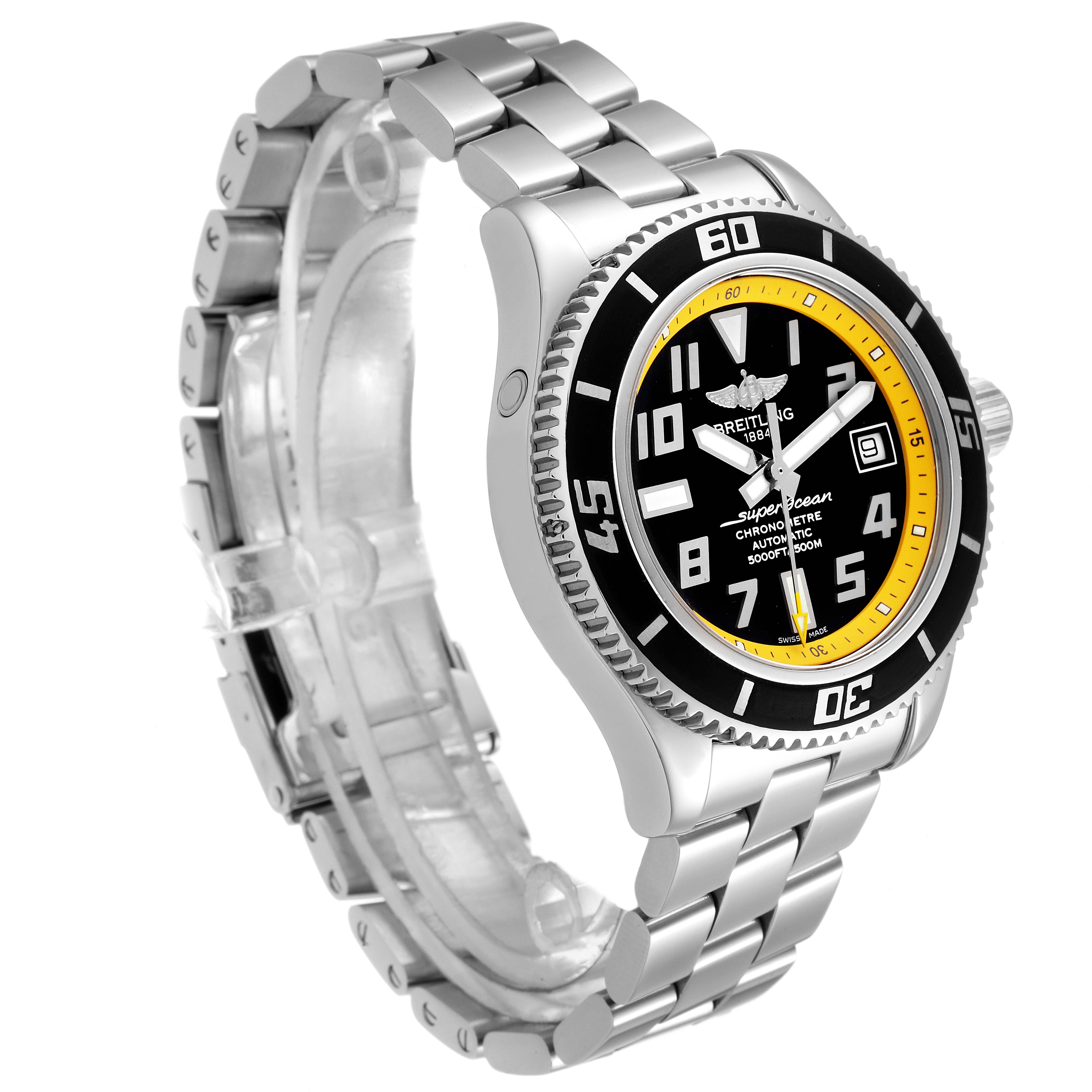 This image shows a side view of the Breitling Superocean A17364 Men
s Stainless Steel Black Dial A17364 Men
s Stainless Steel Black Dial watch, focusing on its stainless steel case and bracelet, along with the bezel and dial.