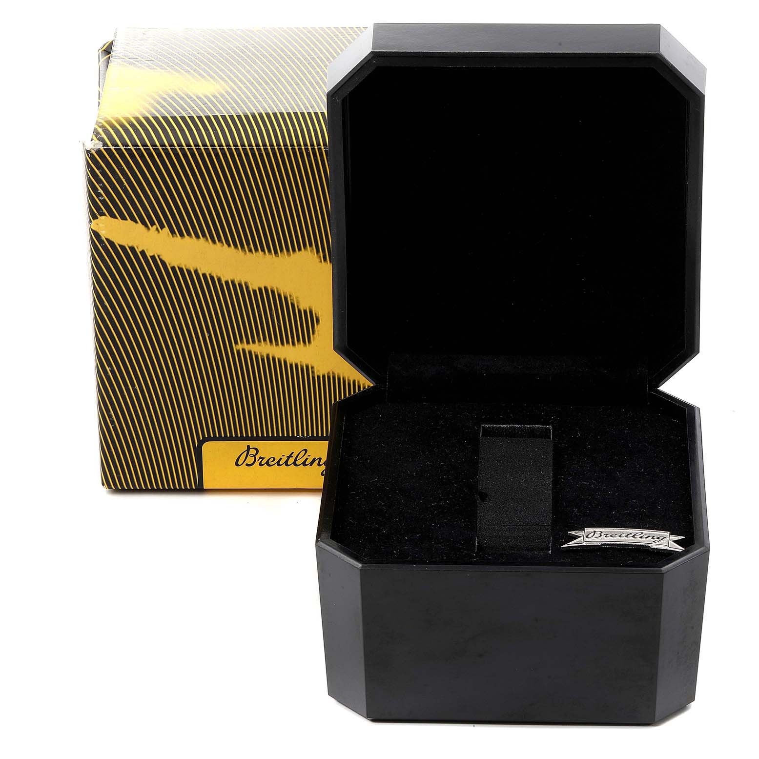 The image shows an empty, open Breitling Superocean A17364 Men
s Stainless Steel Black Dial A17364 Men
s Stainless Steel Black Dial watch box and its outer packaging, viewed from the front and slightly above.