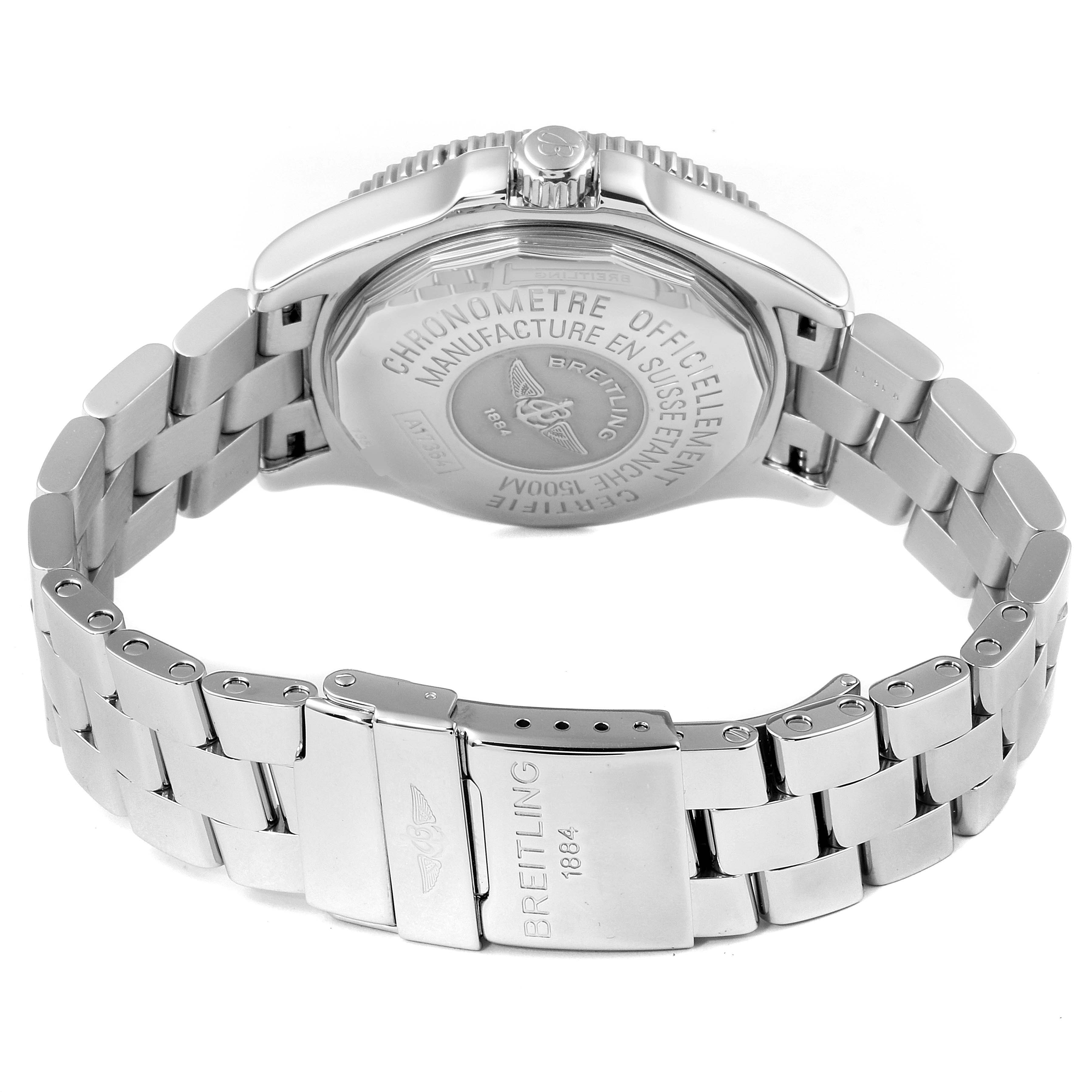 The image shows the back and clasp of a Breitling Superocean A17364 Men
s Stainless Steel Black Dial A17364 Men
s Stainless Steel Black Dial watch, highlighting the case back engravings and metal bracelet.