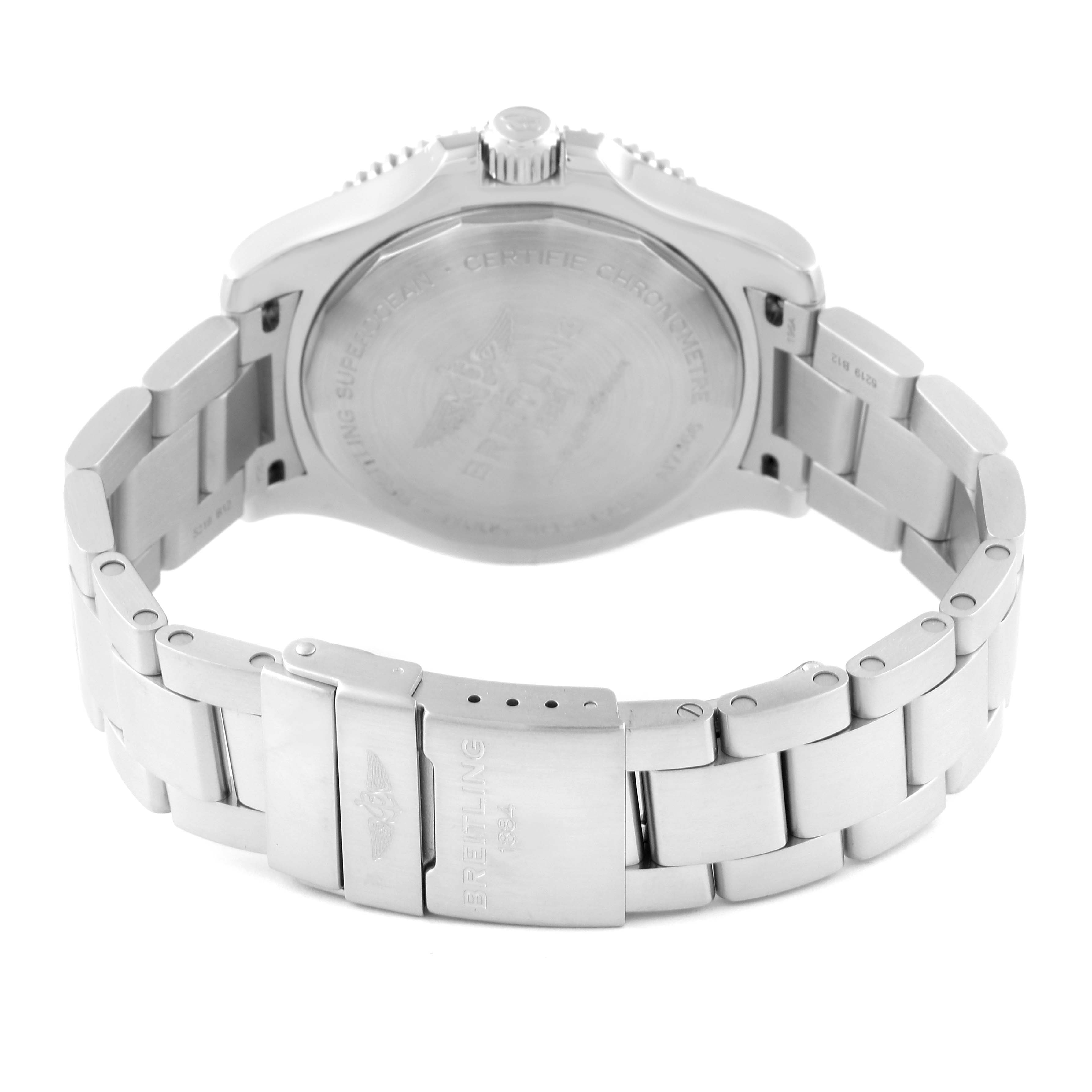 The image shows the back and bracelet clasp of a Breitling Superocean A17366 Men's Stainless Steel Black Dial watch from a rear angle.