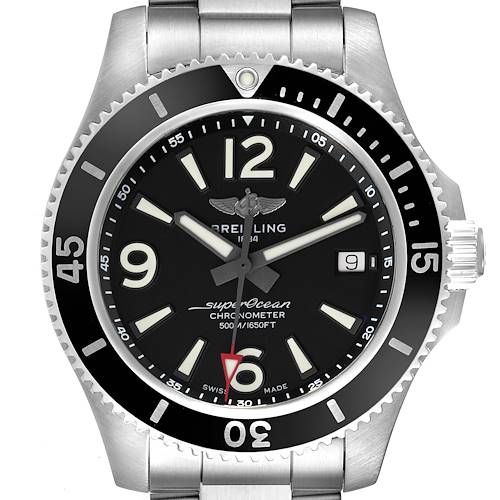 The Breitling Superocean A17366 Men's Stainless Steel Black Dial watch is shown from a front angle, highlighting its dial, bezel, and stainless steel bracelet.