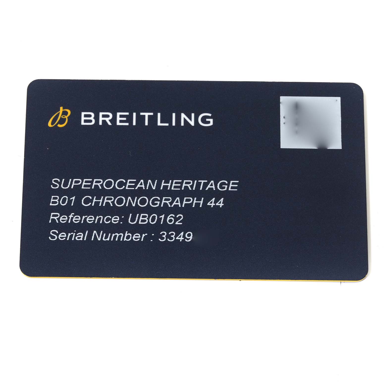 This image shows the front of a Breitling warranty card for the Limited Series Superocean Heritage B01 Chronograph 44.
