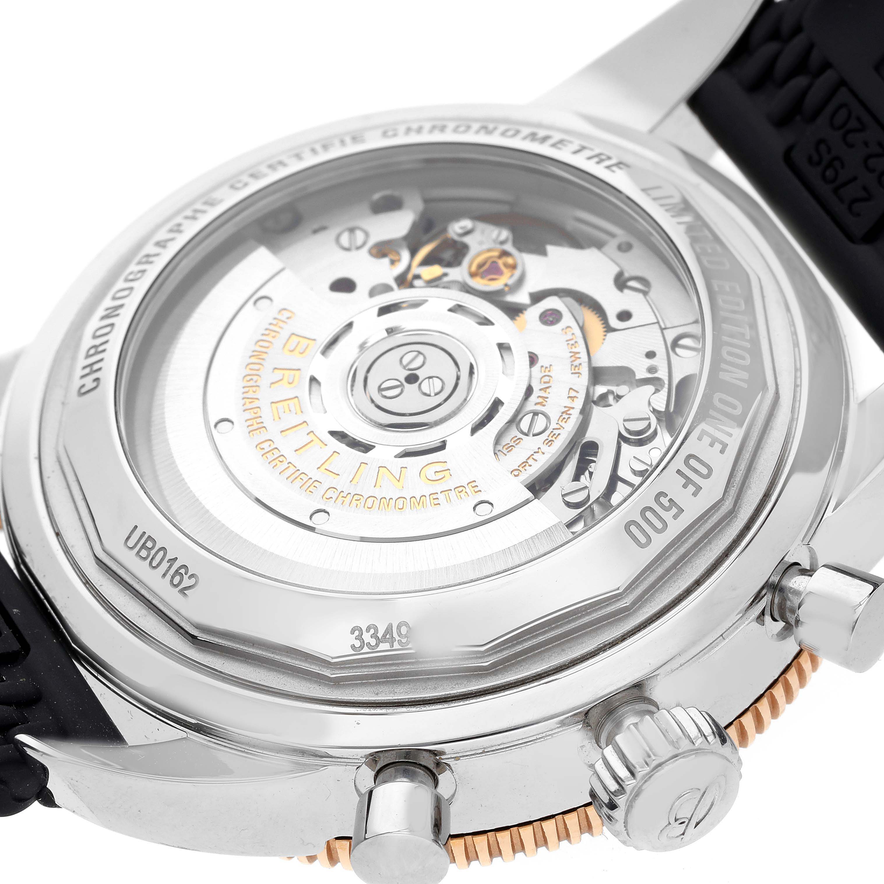 The image shows the back of the Limited Series Breitling watch, highlighting its transparent case back and visible movement.