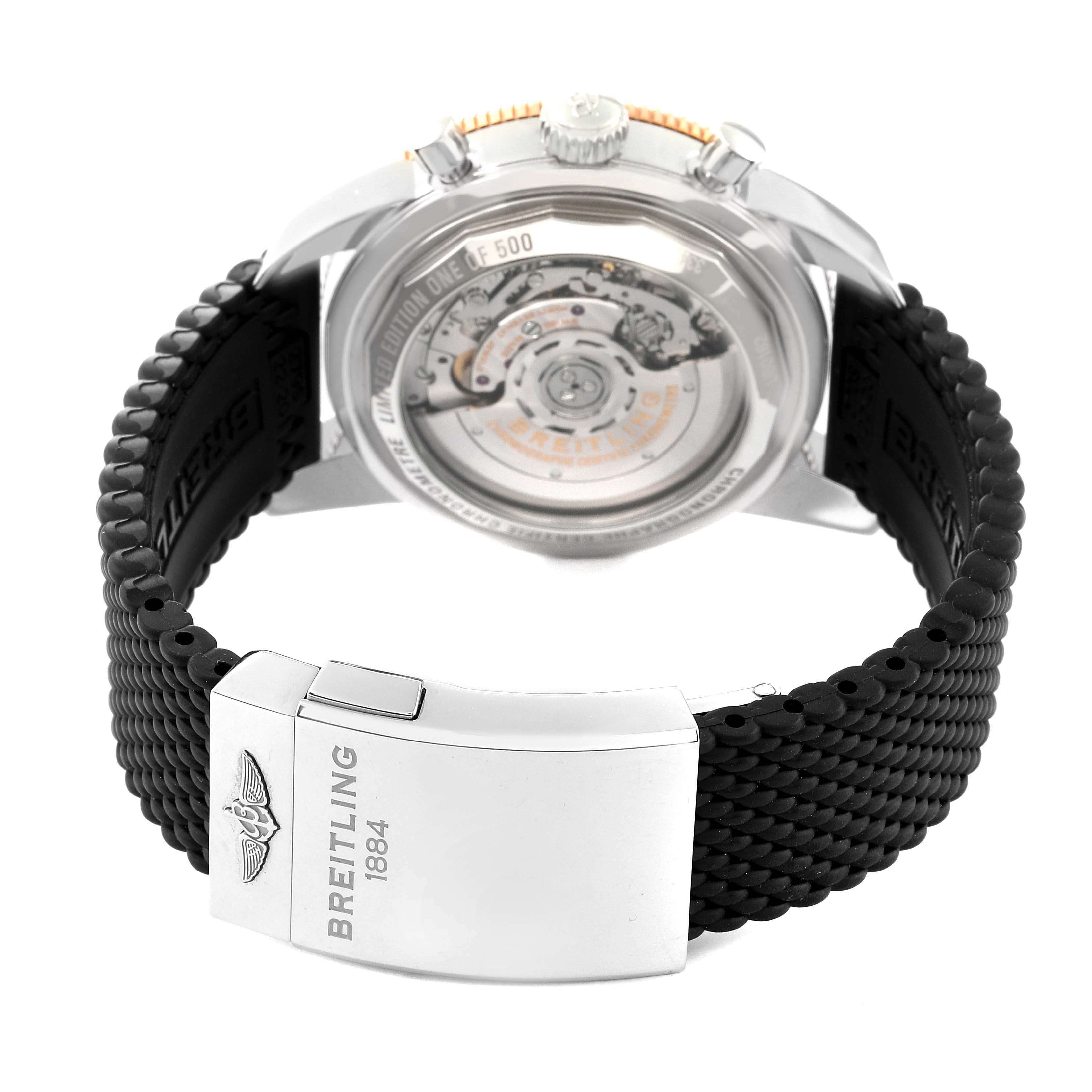 The image shows the back view of a Breitling Limited Series watch with a black strap and visible movement mechanism.