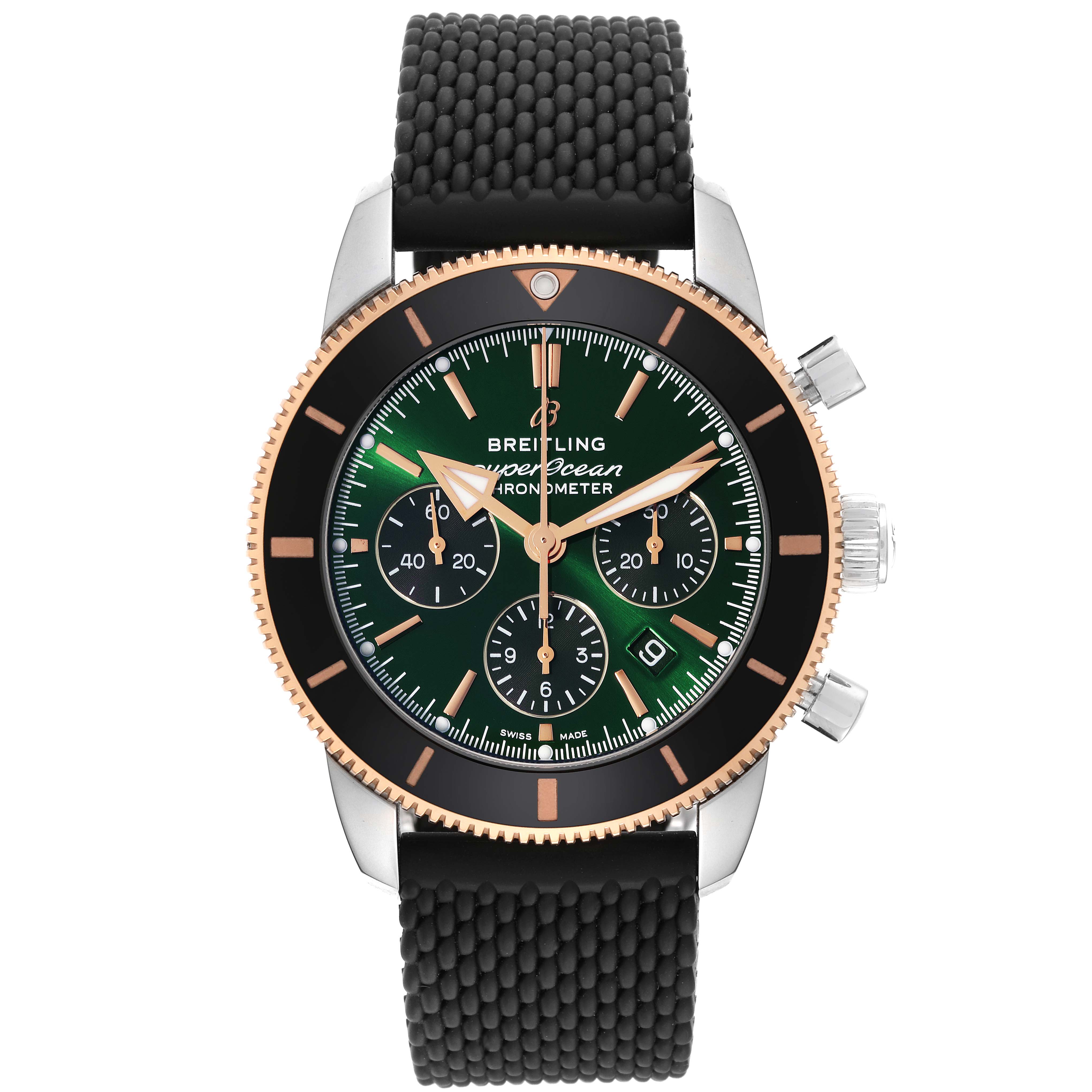 The Breitling Limited Series watch is shown from a front angle, displaying its green dial, chronograph subdials, and black textured strap.
