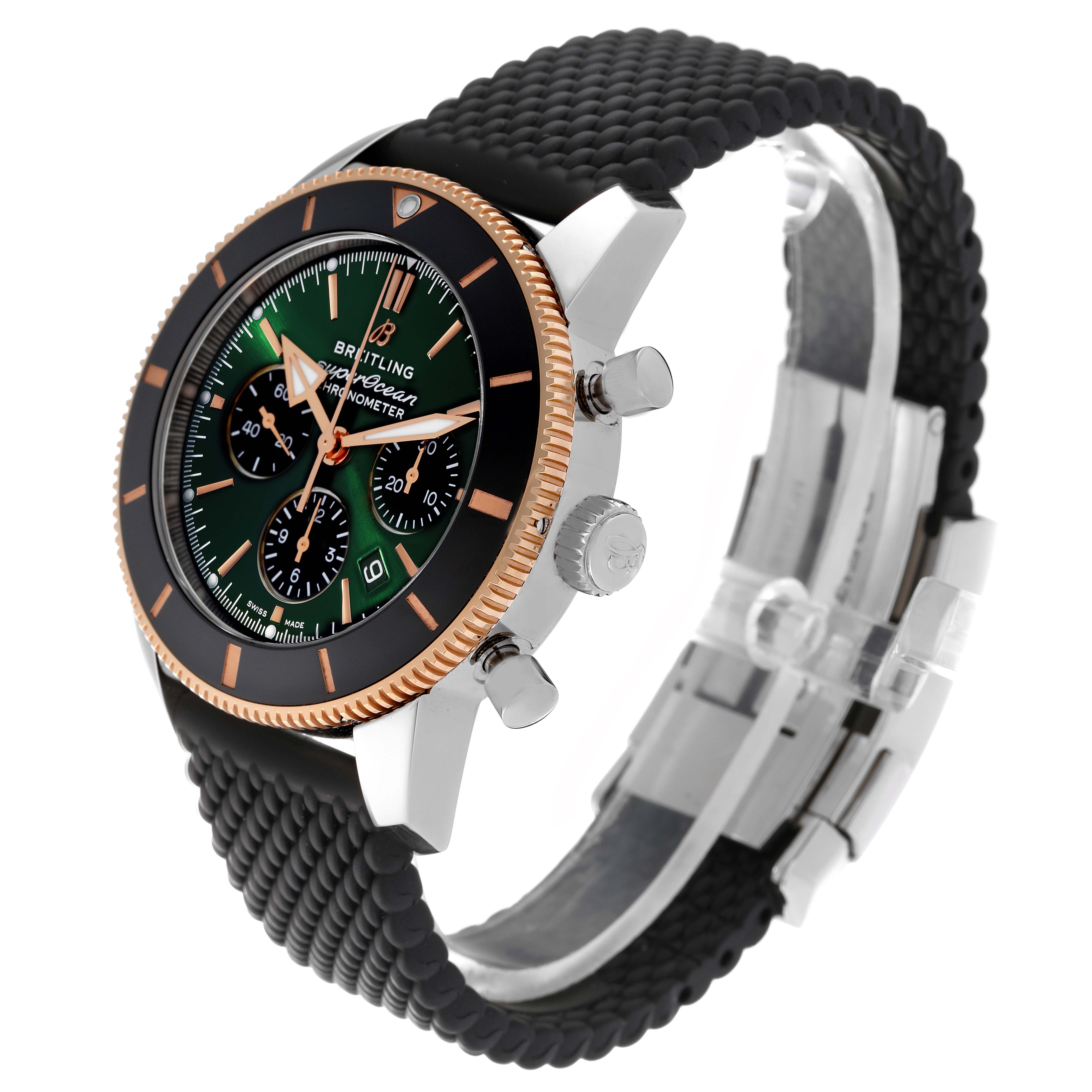 The image shows a side angle view of the Breitling Limited Series watch, highlighting its bezel, dial, crown, and strap.