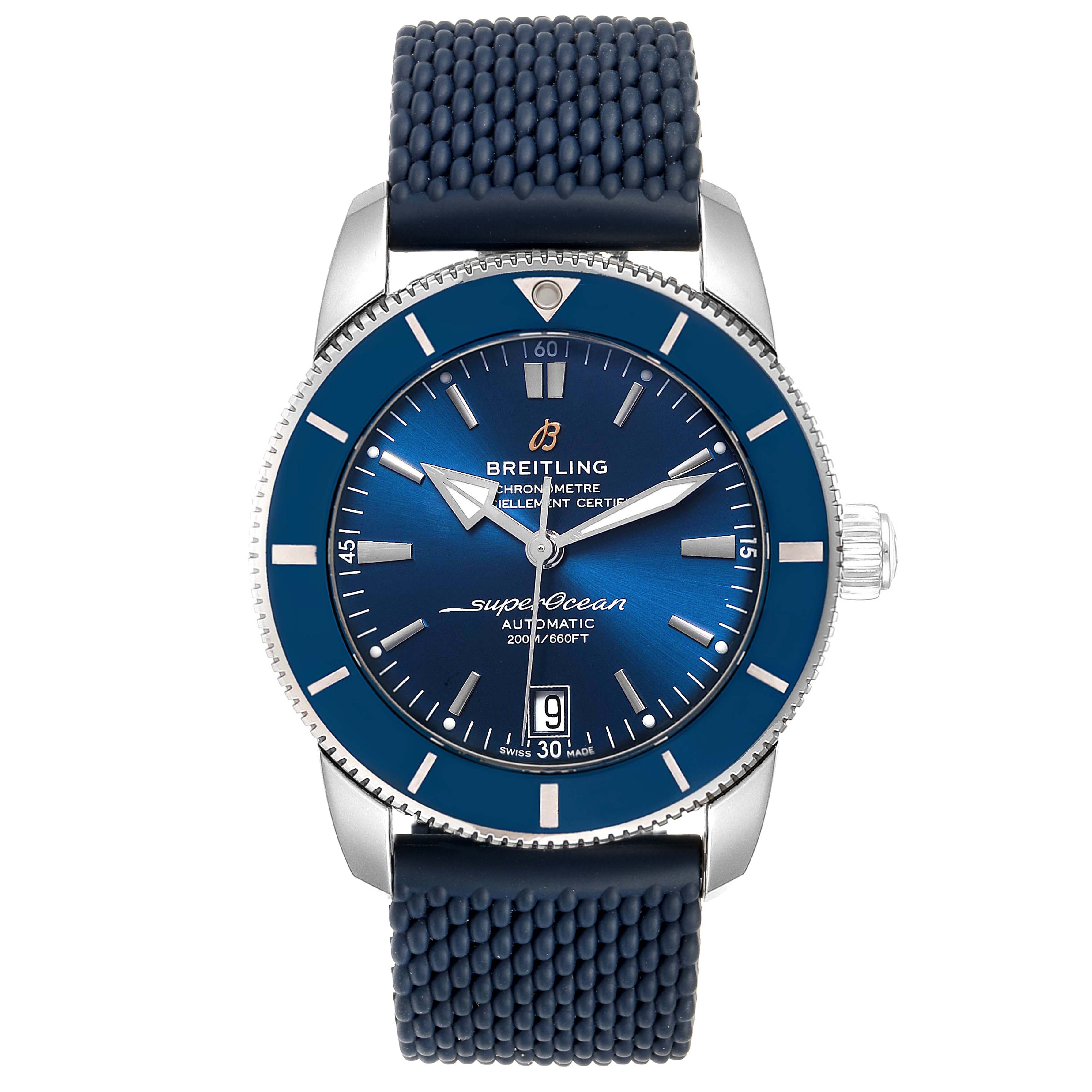 The Breitling Superocean A17321 Men
s Stainless Steel Blue Dial A17321 Men
s Stainless Steel Blue Dial watch is shown from the front, displaying the blue dial, bezel, and textured strap.