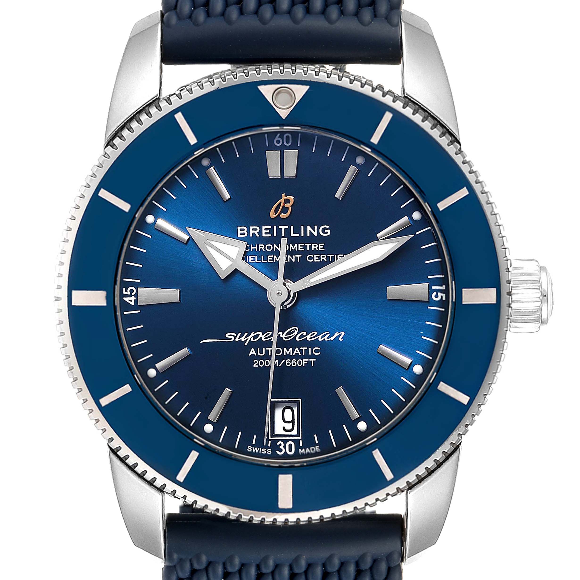 The image shows a frontal view of a Breitling Superocean A17321 Men
s Stainless Steel Blue Dial A17321 Men
s Stainless Steel Blue Dial watch displaying its blue dial, bezel, hands, crown, and date window.