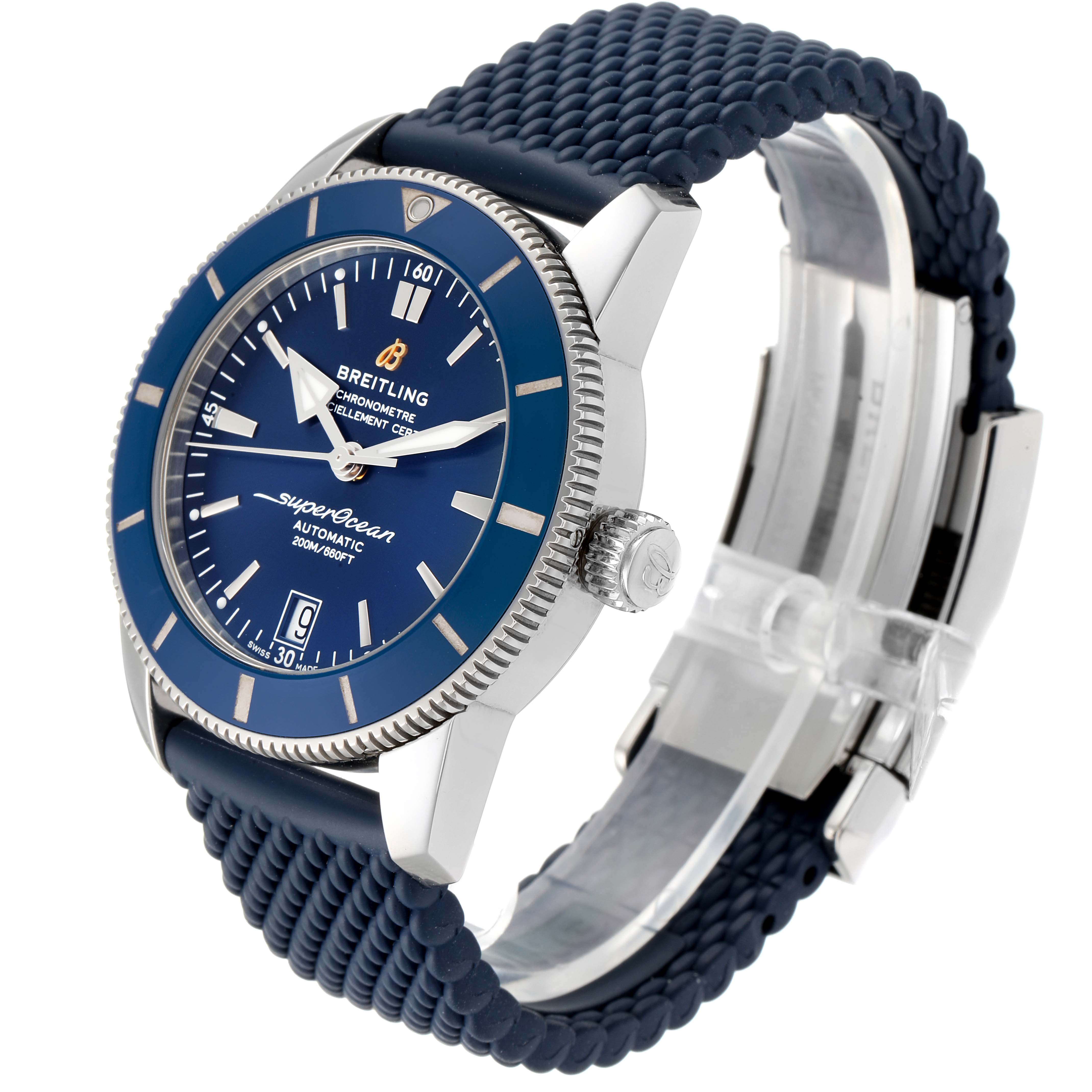 The Breitling Superocean A17321 Men
s Stainless Steel Blue Dial A17321 Men
s Stainless Steel Blue Dial watch is shown at a three-quarter angle, highlighting its face, bezel, crown, and strap.