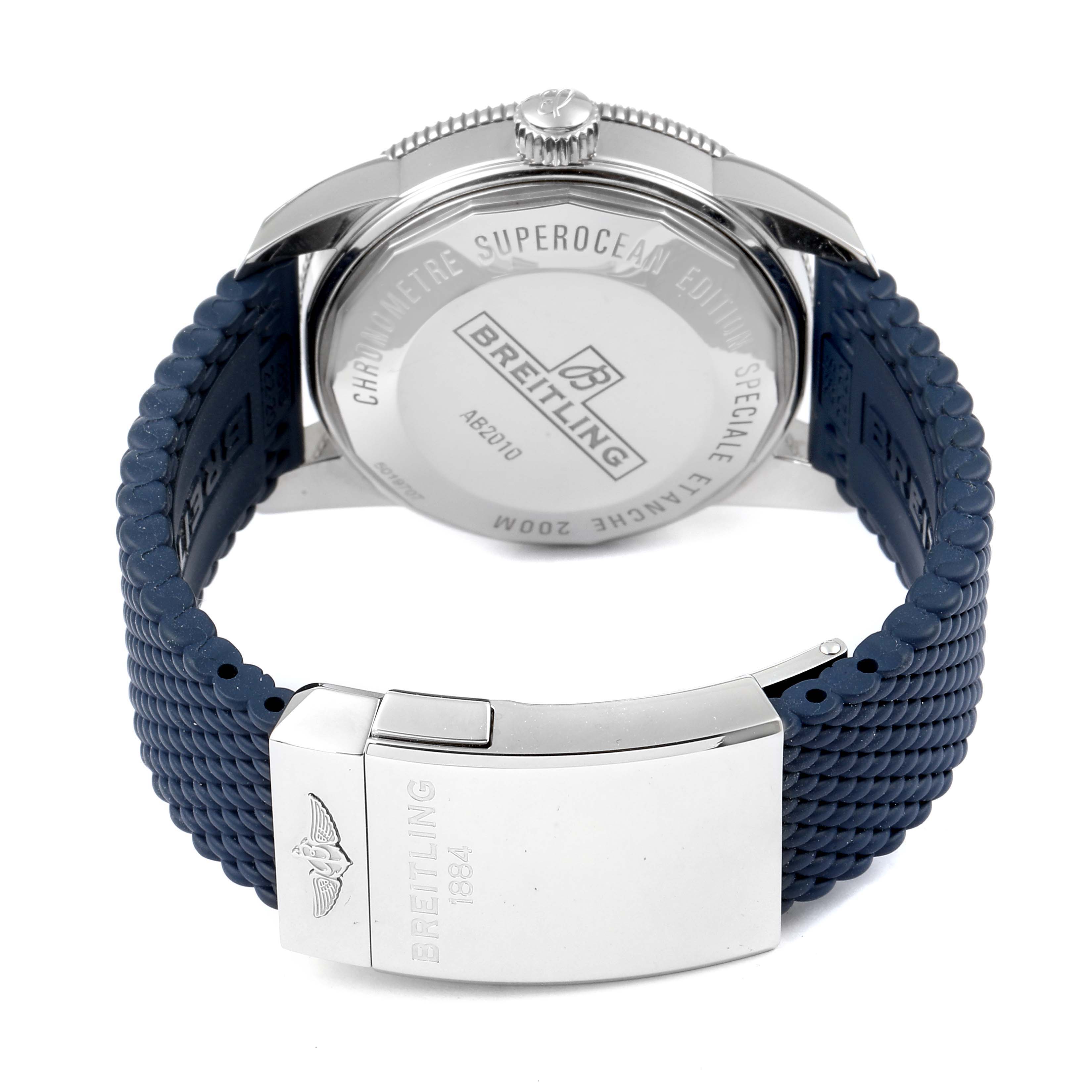 The image shows the back case and strap of a Breitling Superocean A17321 Men
s Stainless Steel Blue Dial A17321 Men
s Stainless Steel Blue Dial watch, displaying its branding and clasp.