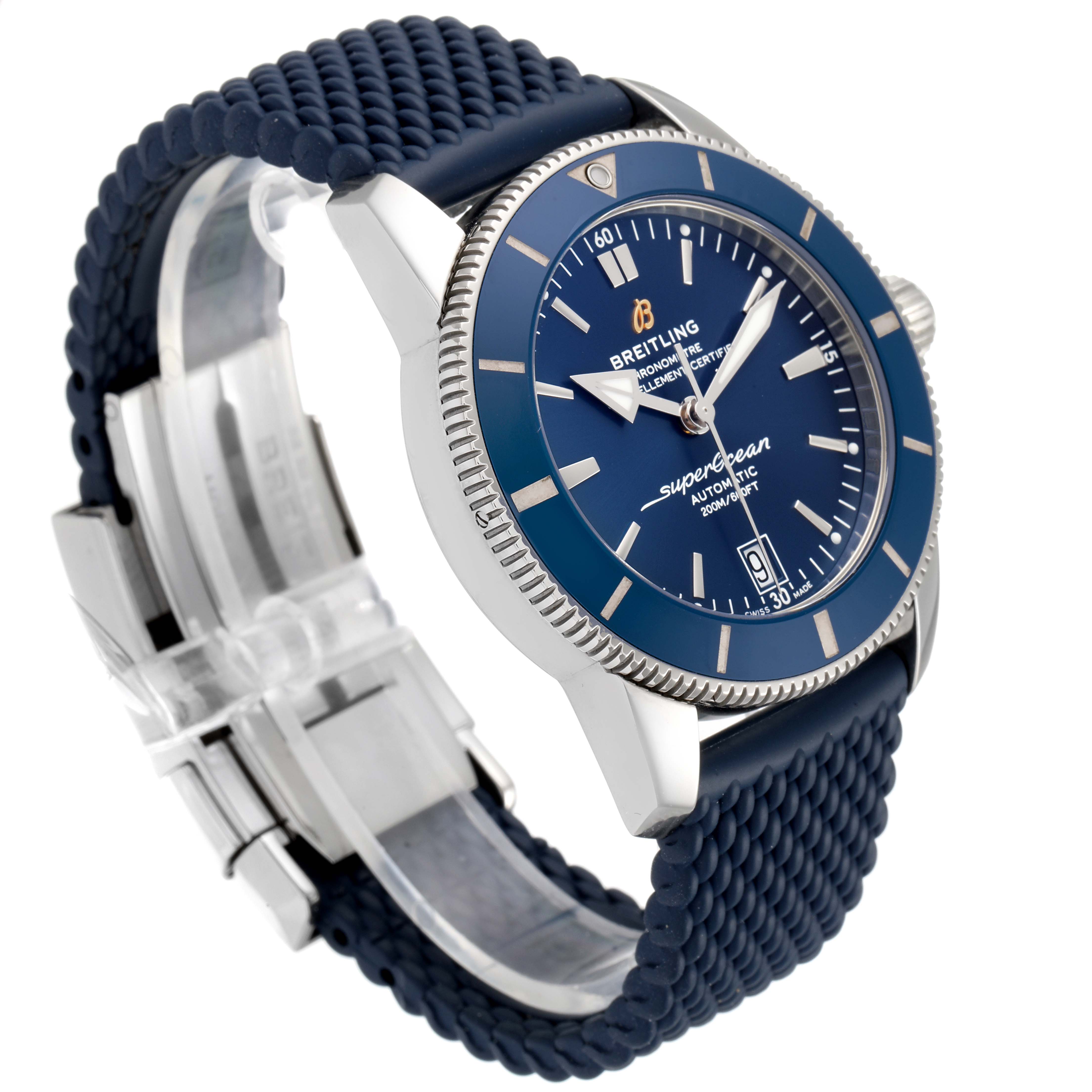 The image shows a Breitling Superocean A17321 Men
s Stainless Steel Blue Dial A17321 Men
s Stainless Steel Blue Dial watch at an angle highlighting the dial, bezel, and rubber strap.