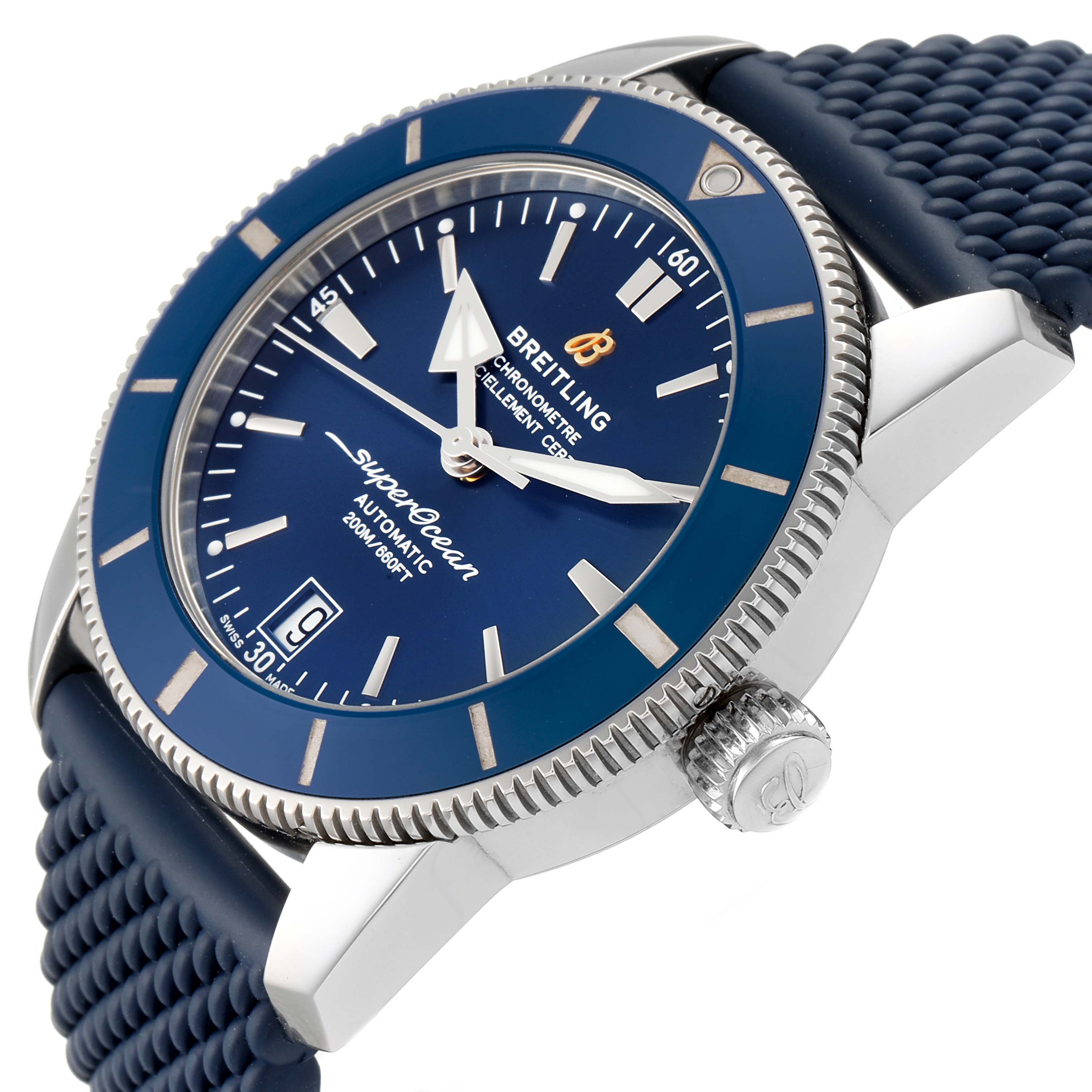 The image shows a close-up, angled view of the Breitling Superocean A17321 Men
s Stainless Steel Blue Dial A17321 Men
s Stainless Steel Blue Dial watch, highlighting the dial, bezel, crown, and part of the strap.