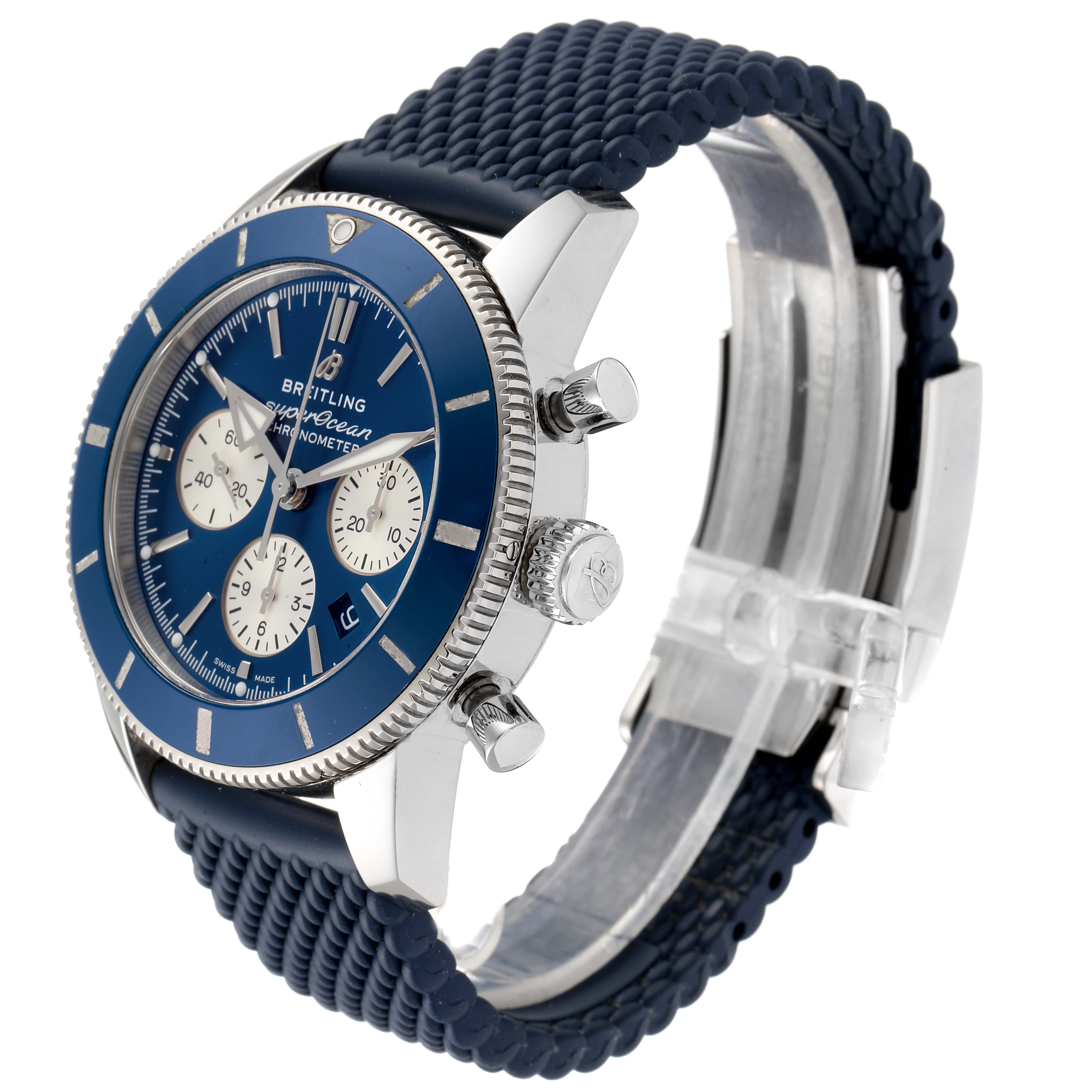 The image shows a Breitling Superocean AB016216/CA07/154A Men
s Stainless Steel Blue Dial AB016216/CA07/154A Men
s Stainless Steel Blue Dial watch angled from the front-left, highlighting its dial, crown, pushers, and strap.