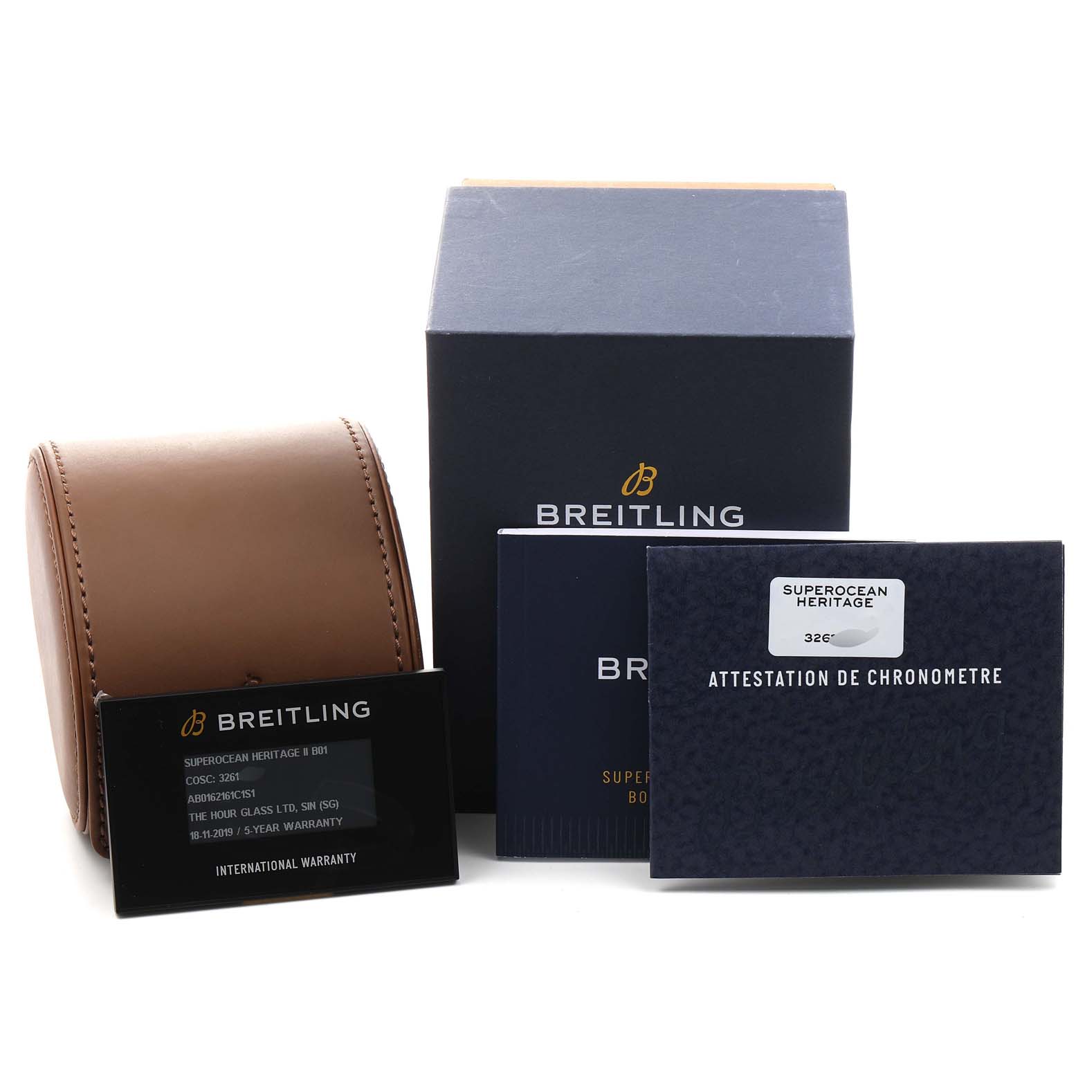 The image shows the packaging and accessories for the Breitling Superocean AB016216/CA07/154A Men
s Stainless Steel Blue Dial AB016216/CA07/154A Men
s Stainless Steel Blue Dial model, including the box, international warranty card, and documents.
