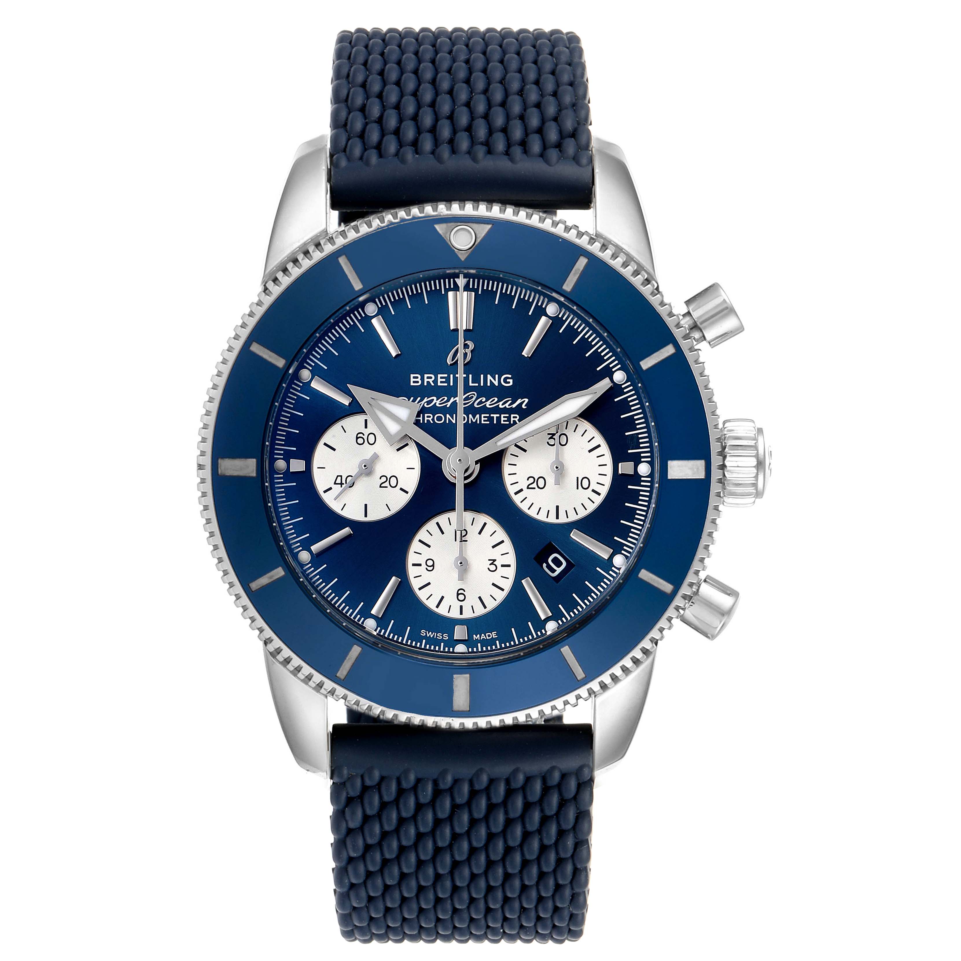 This image shows the face and strap of a Breitling Superocean AB016216/CA07/154A Men
s Stainless Steel Blue Dial AB016216/CA07/154A Men
s Stainless Steel Blue Dial watch from a front angle.