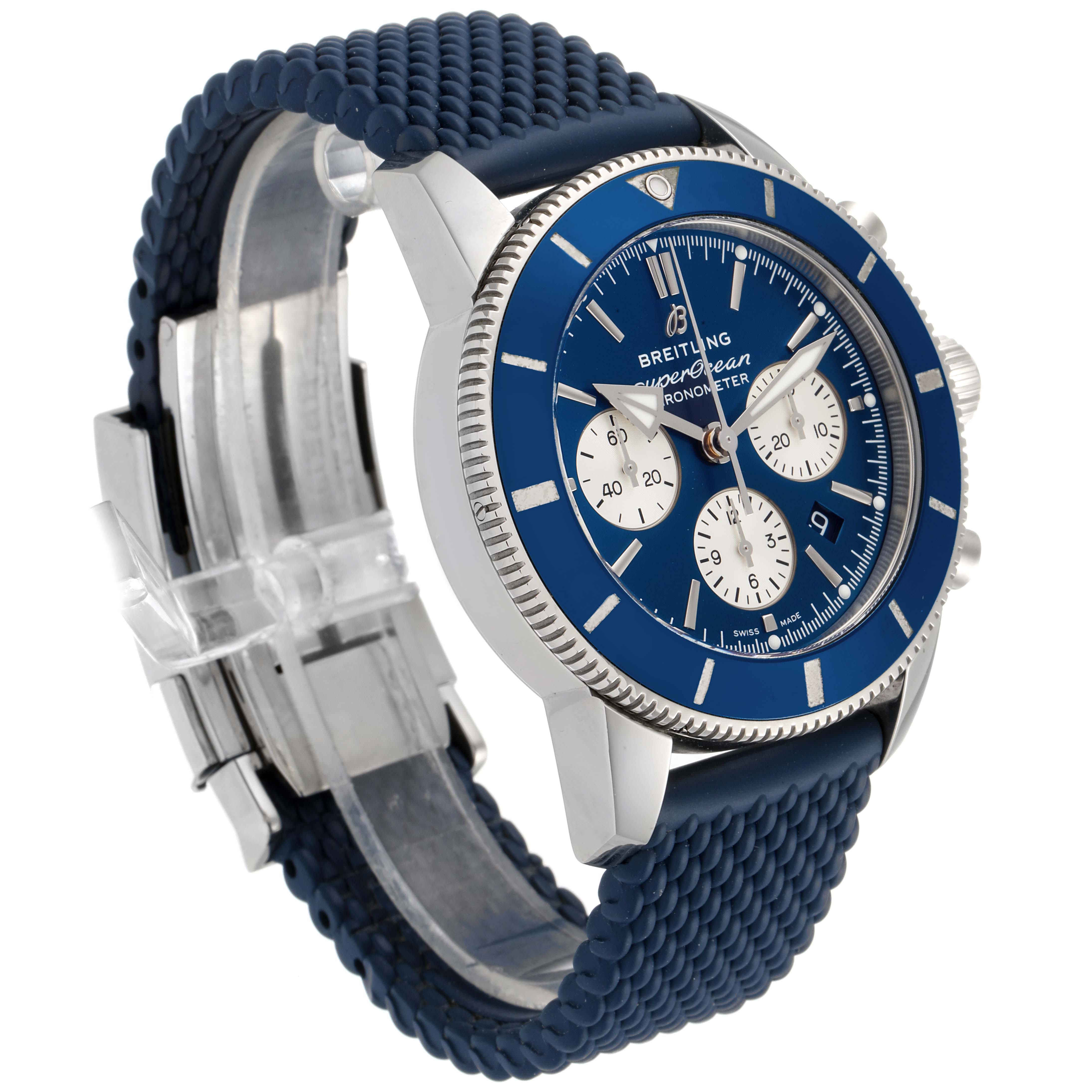 The Breitling Superocean AB016216/CA07/154A Men
s Stainless Steel Blue Dial AB016216/CA07/154A Men
s Stainless Steel Blue Dial watch is shown at a slight angle, highlighting its blue dial, chronograph sub-dials, and textured blue strap.