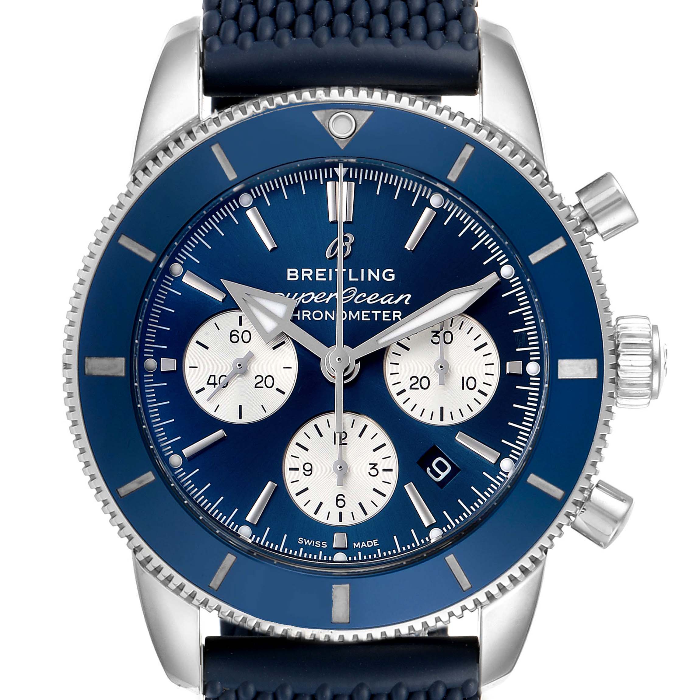 This image shows a front view of the Breitling Superocean AB016216/CA07/154A Men
s Stainless Steel Blue Dial AB016216/CA07/154A Men
s Stainless Steel Blue Dial watch, highlighting the face, bezel, crown, and strap.