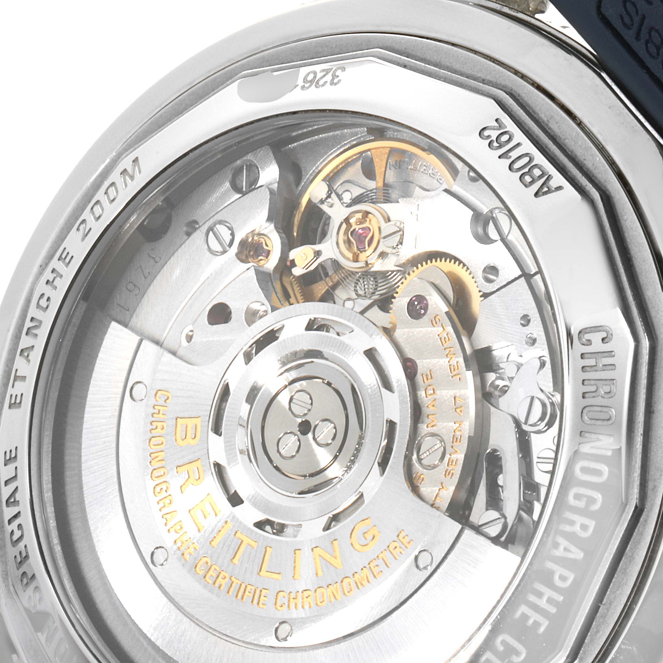 The image shows a close-up of the Breitling Superocean AB016216/CA07/154A Men
s Stainless Steel Blue Dial AB016216/CA07/154A Men
s Stainless Steel Blue Dial
s case back, revealing its intricate movement mechanism.